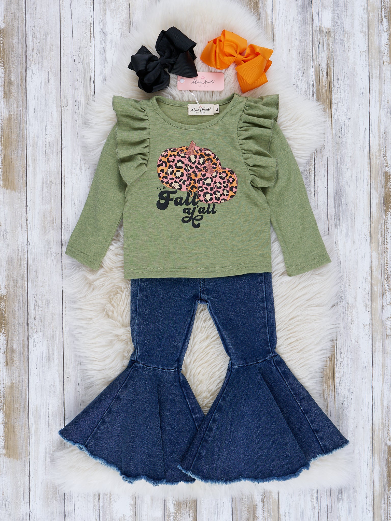 Green & Leopard "Fall Y'all" Bell Bottom Outfit - Marie Nicole Clothing