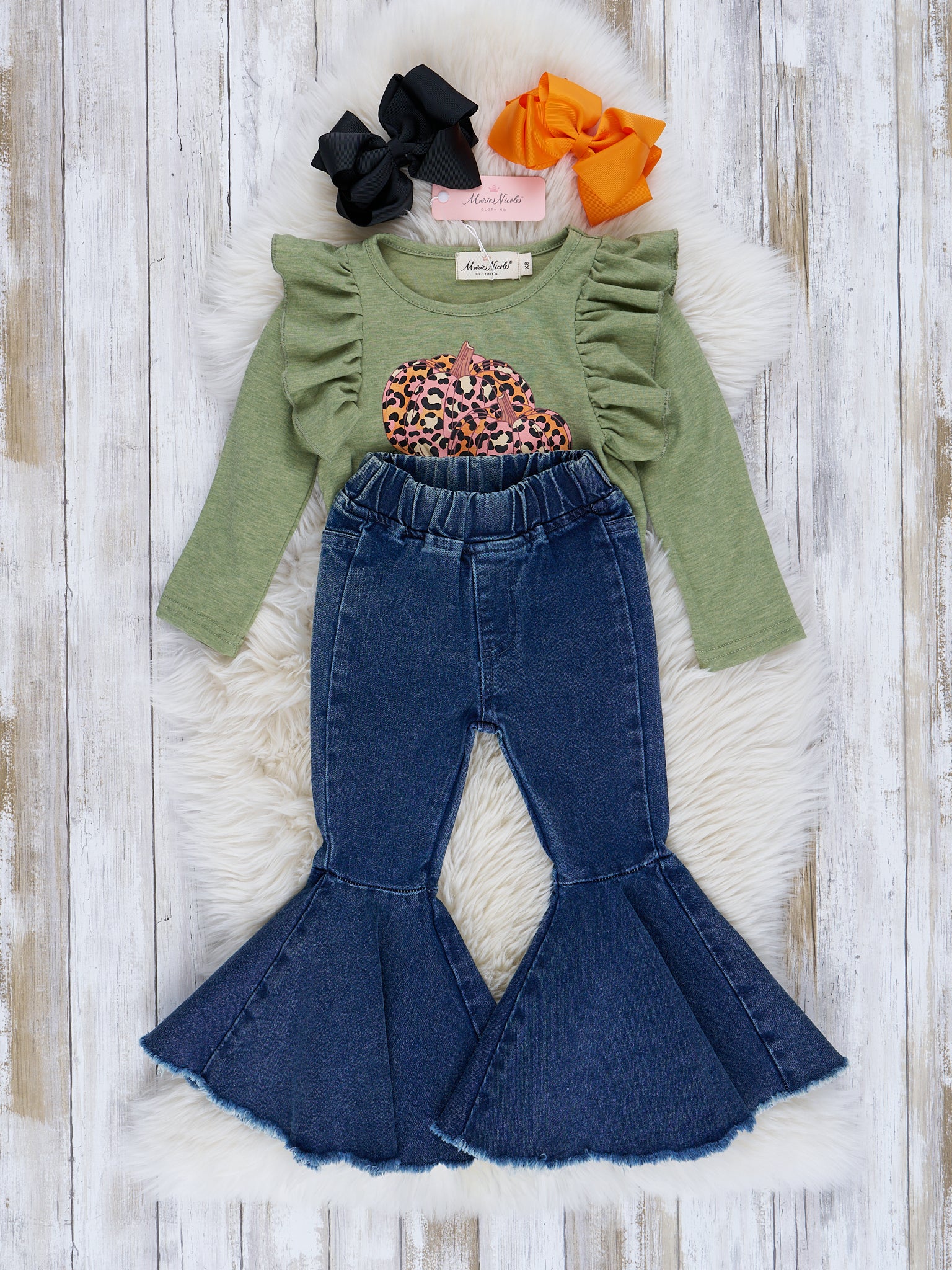 Green & Leopard "Fall Y'all" Bell Bottom Outfit - Marie Nicole Clothing