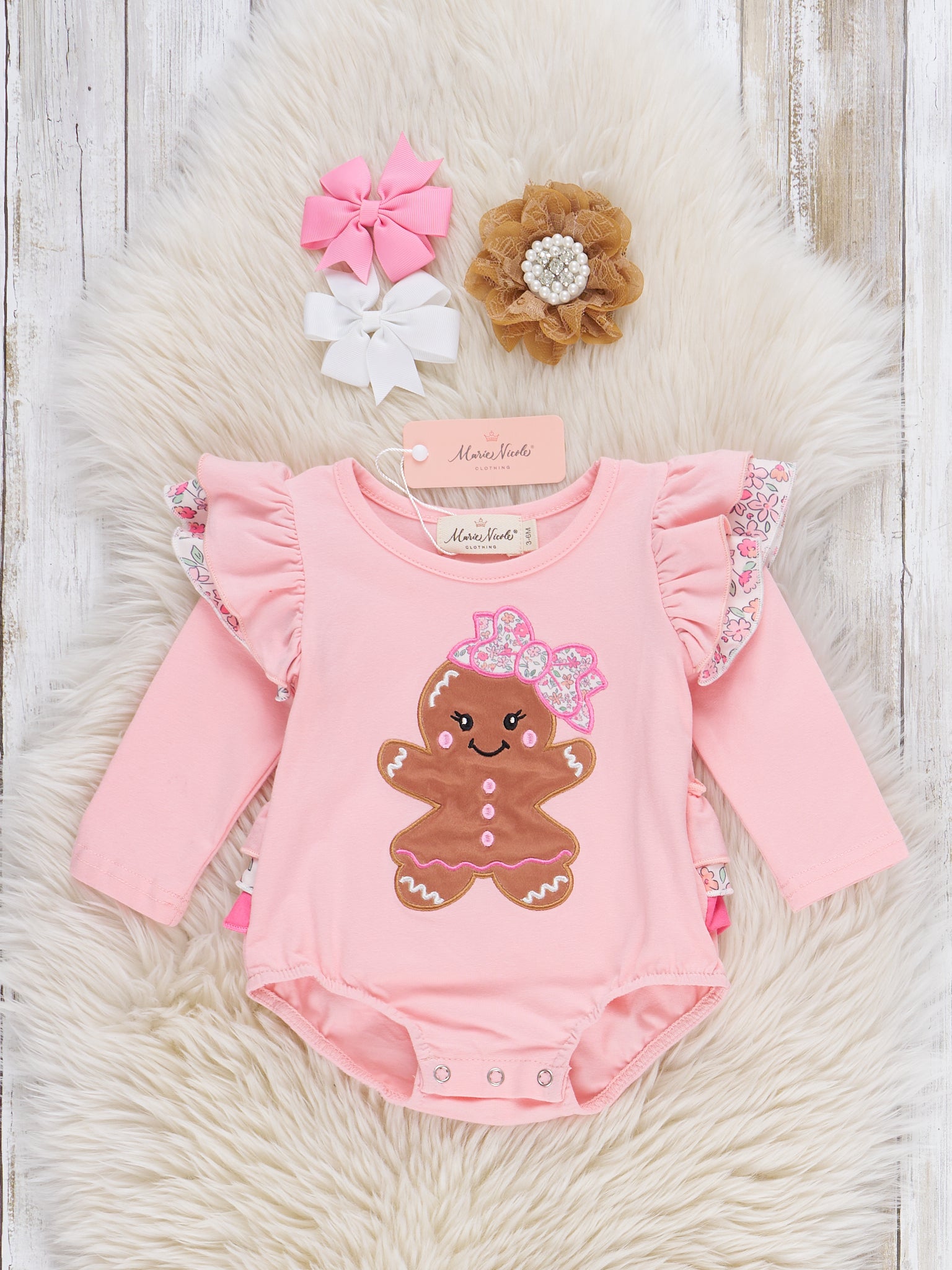 Gingerbread Dolly Embroidered Bubble Romper - Marie Nicole Clothing