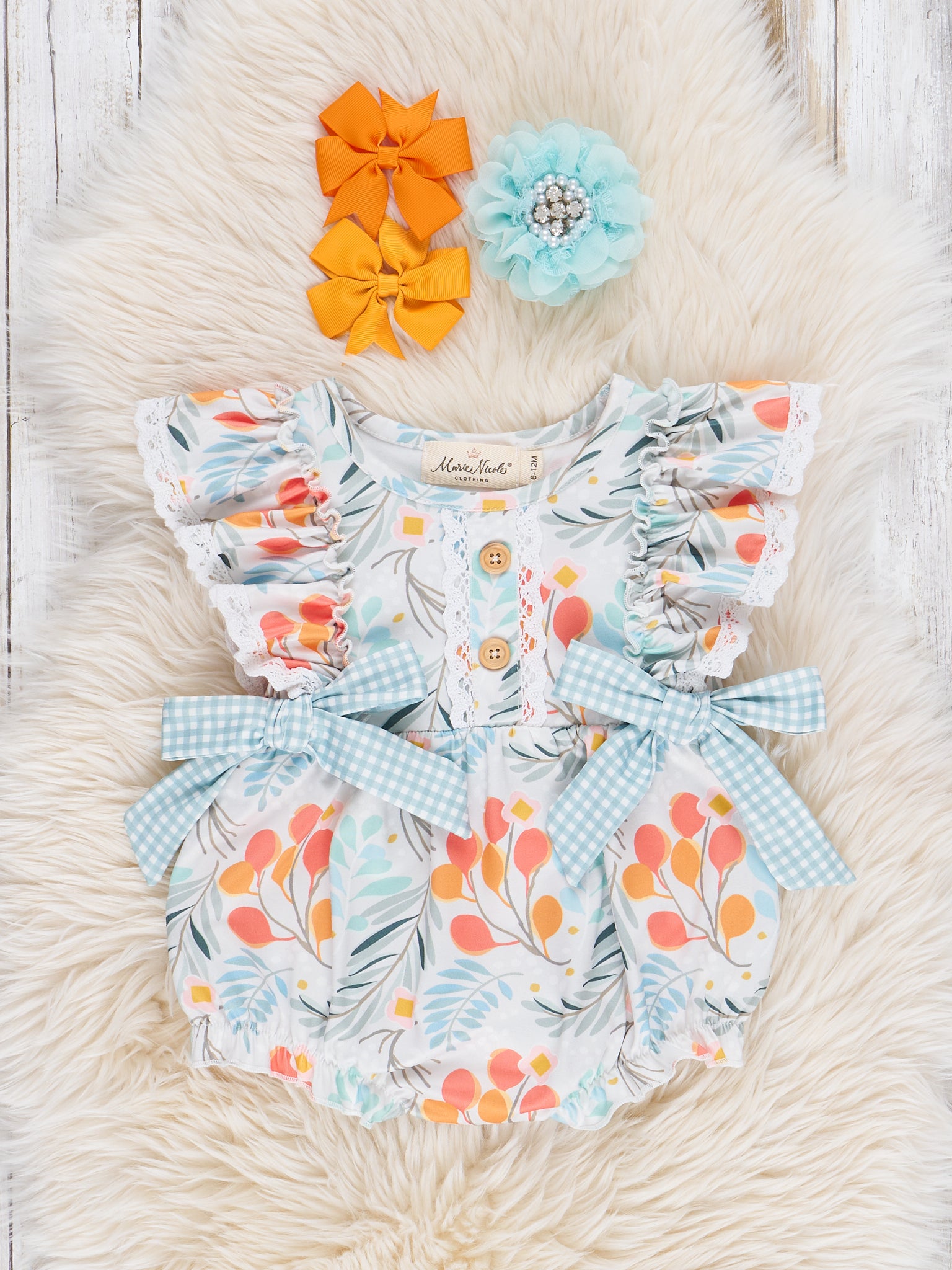 Botanical Blue Gingham Ruffle Bubble Romper - Marie Nicole Clothing