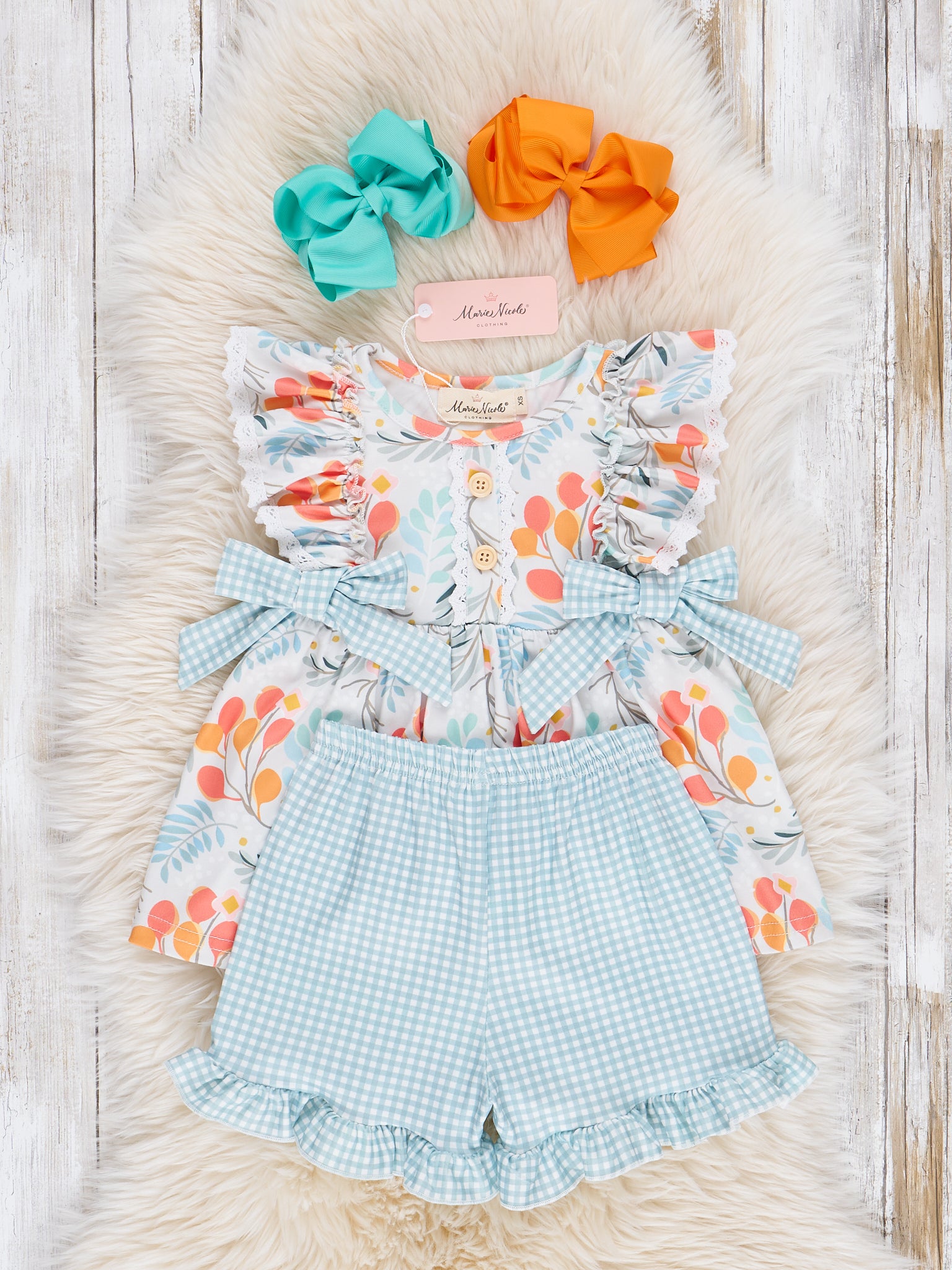 Botanical Blue Gingham Ruffle Outfit - Marie Nicole Clothing