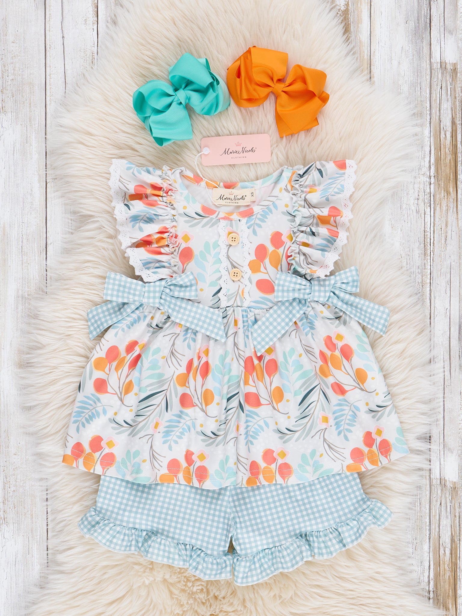 Botanical Blue Gingham Ruffle Outfit - Marie Nicole Clothing