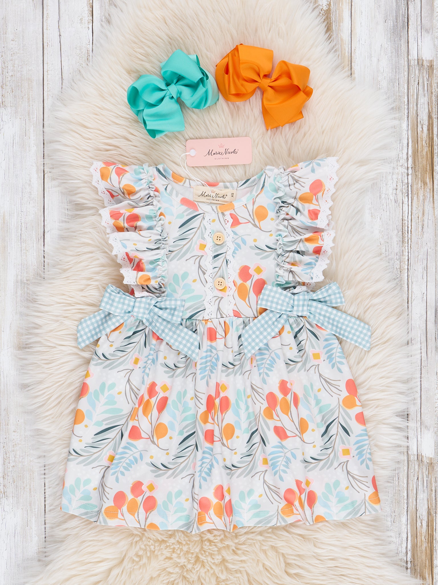 Botanical Blue Gingham Ruffle Dress - Marie Nicole Clothing