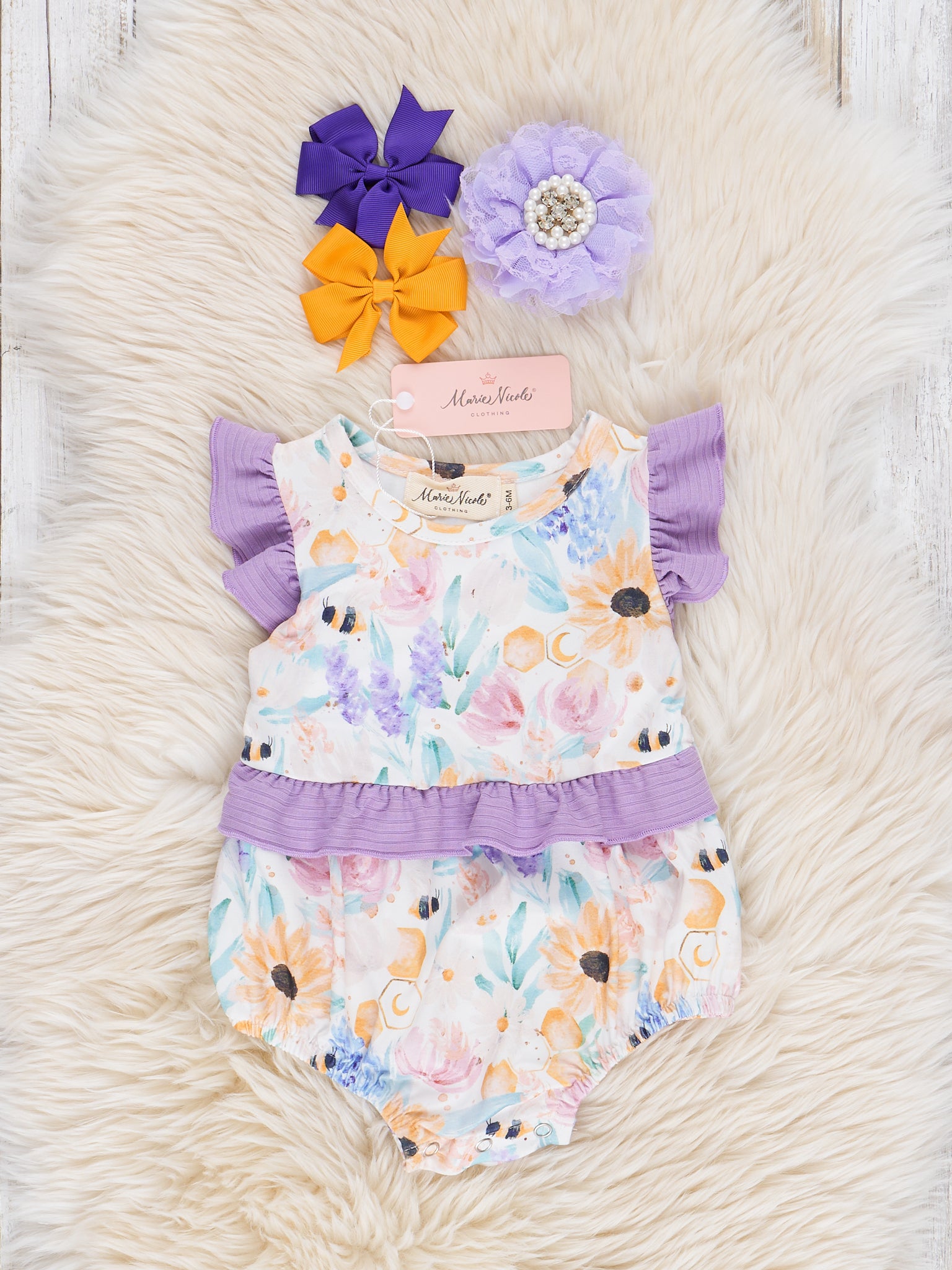 Purple & Yellow Watercolor Wildflowers Ruffle Bubble Romper - Marie Nicole Clothing