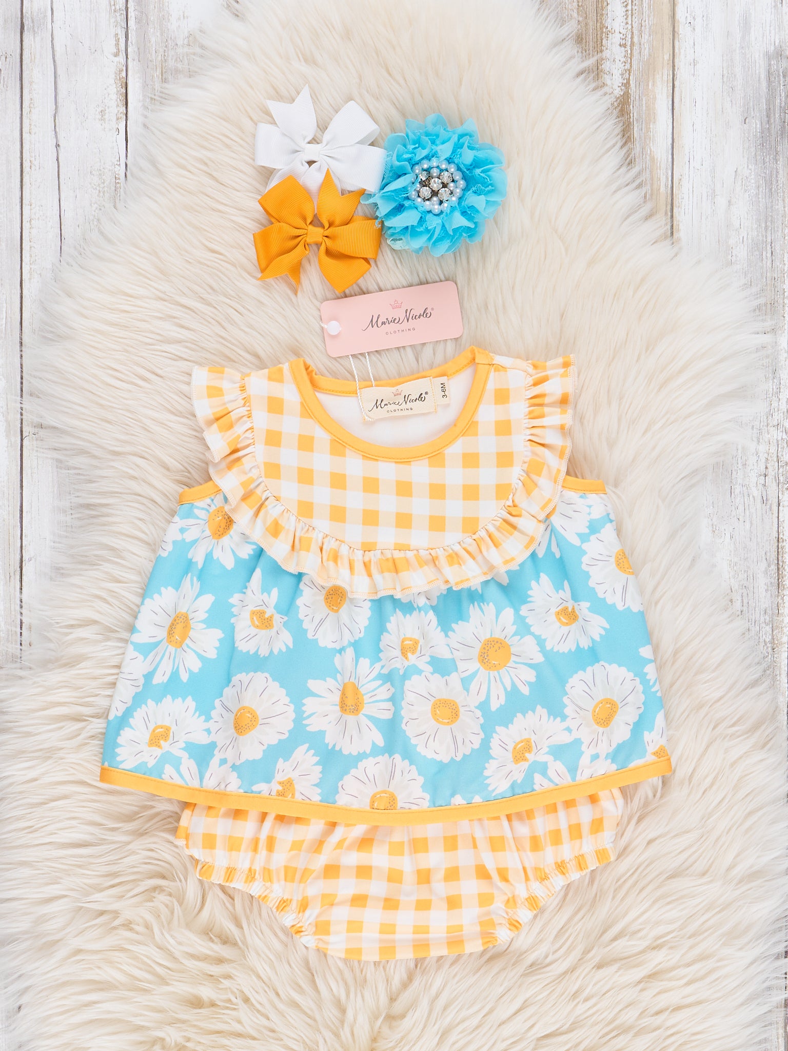 Yellow Gingham Floral Bloomers Outfit - Marie Nicole Clothing