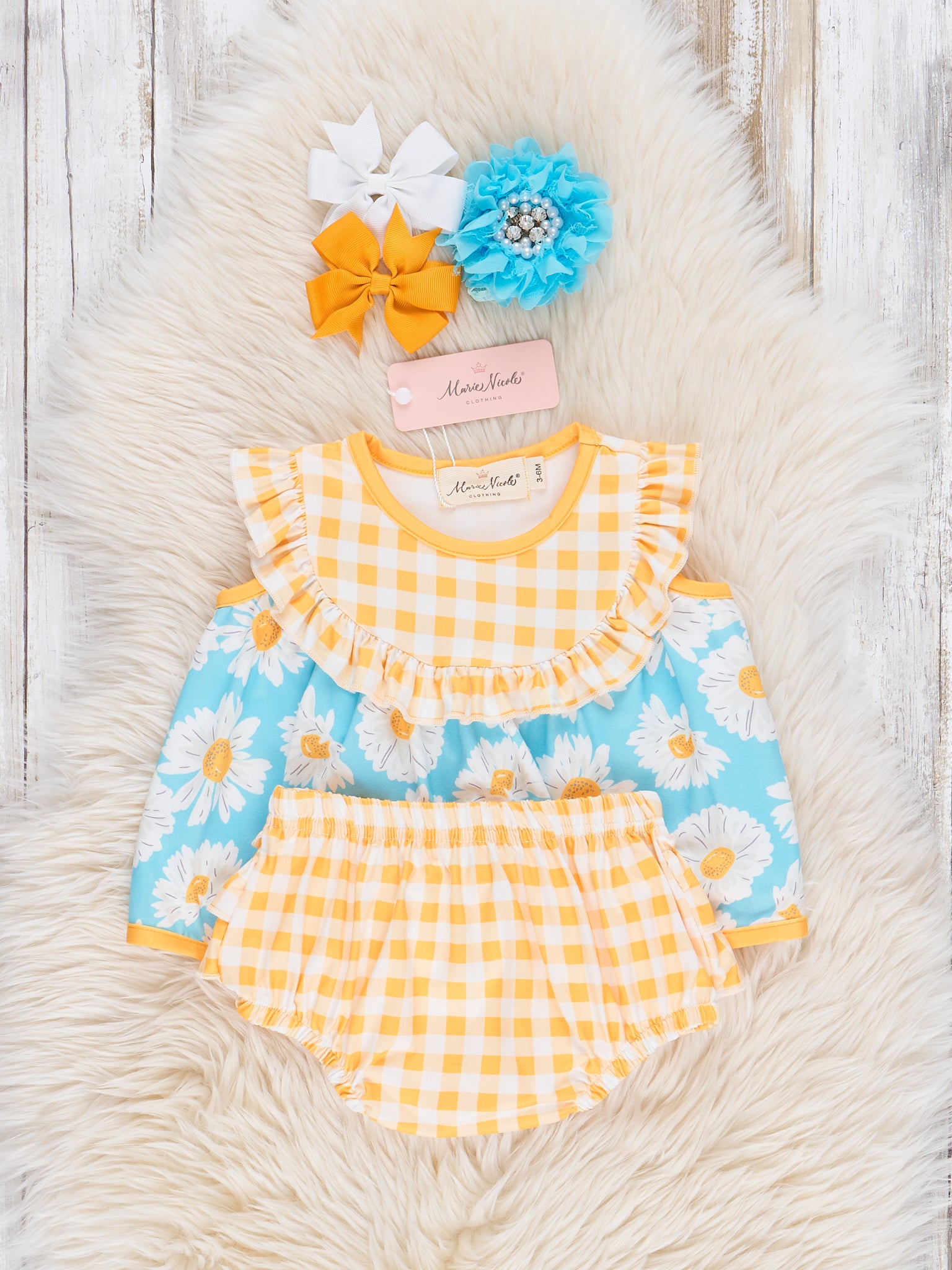 Yellow Gingham Floral Bloomers Outfit - Marie Nicole Clothing