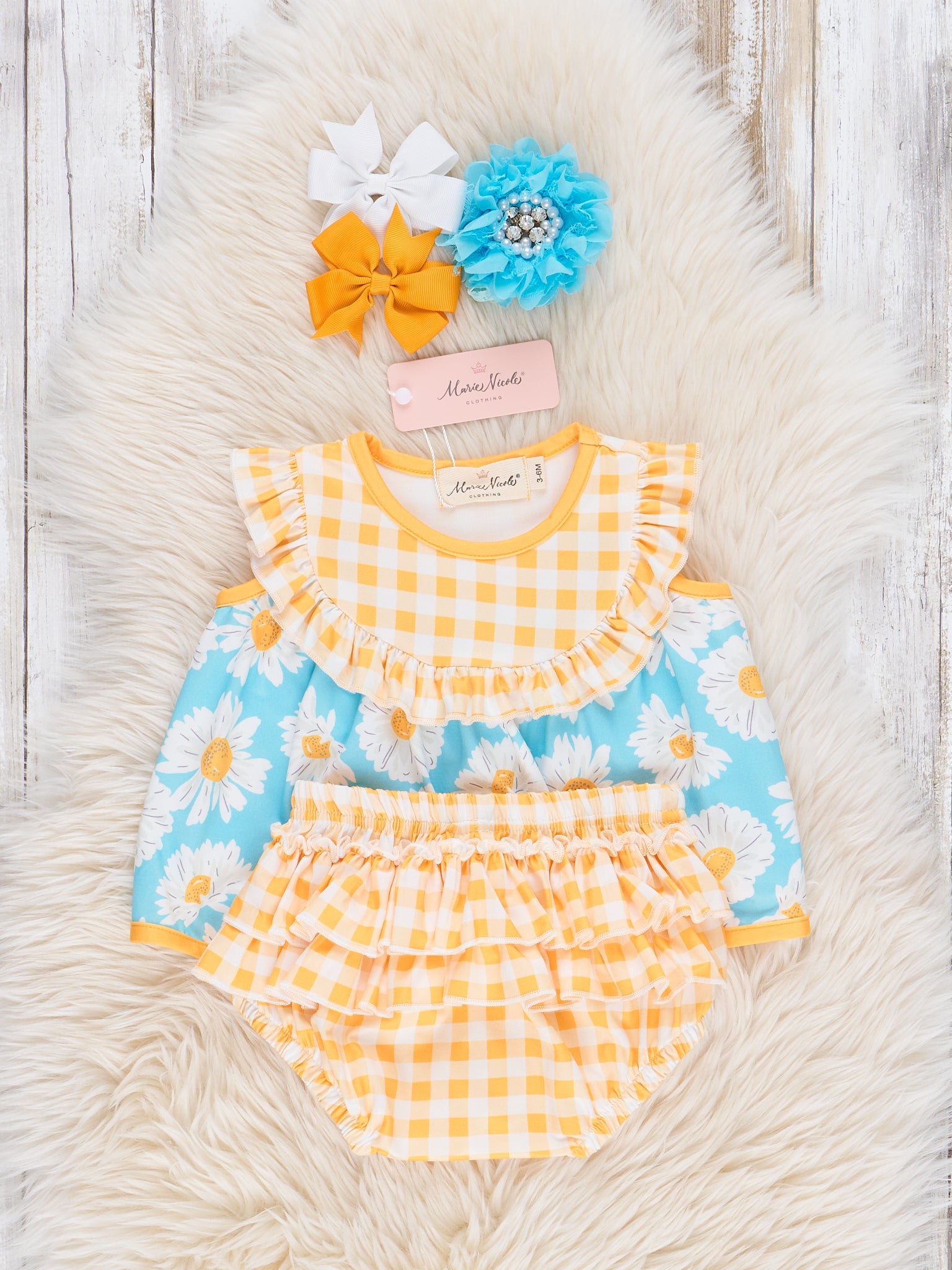 Yellow Gingham Floral Bloomers Outfit - Marie Nicole Clothing