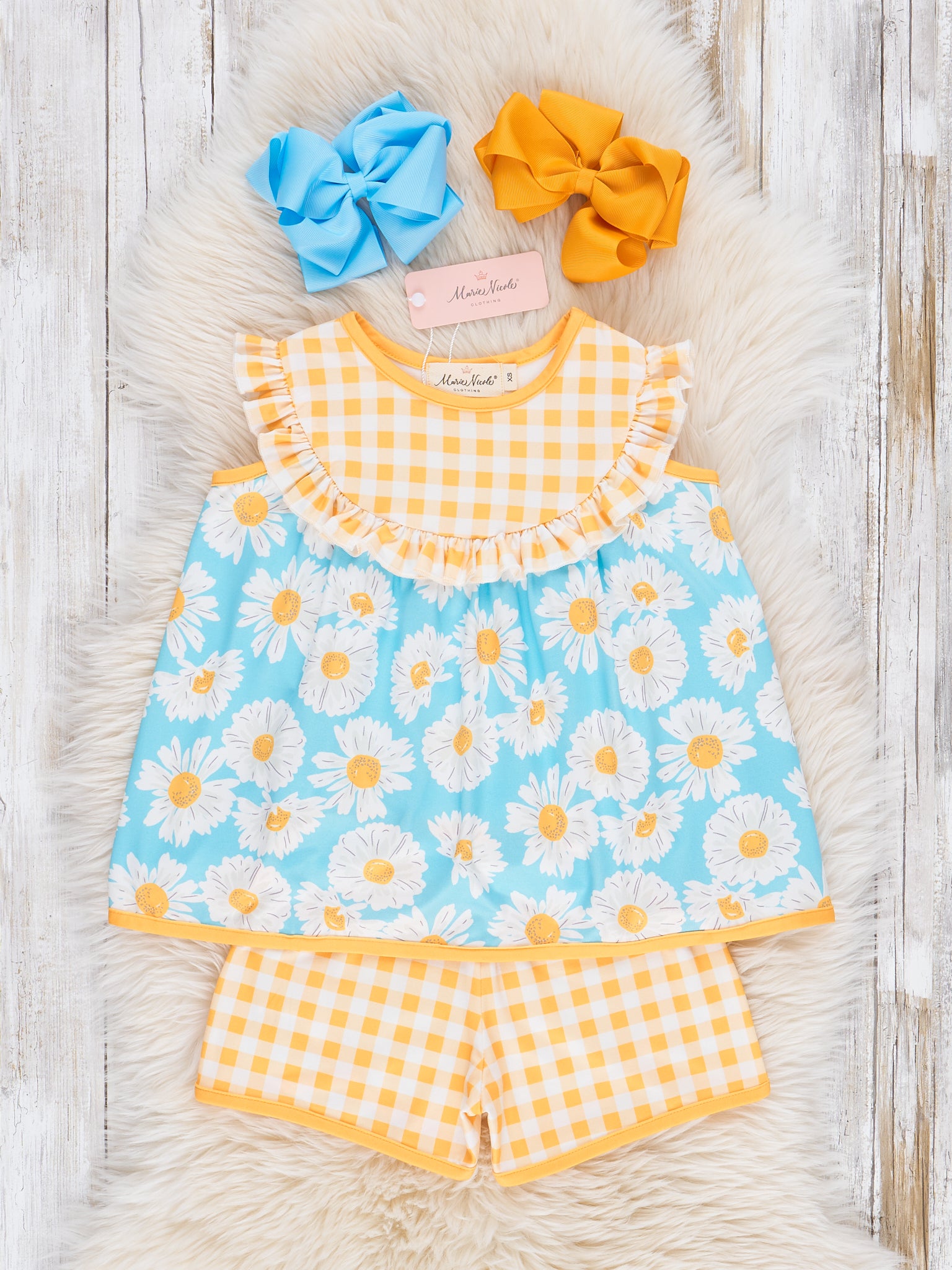 Yellow Gingham Floral Ruffle Outfit - Marie Nicole Clothing