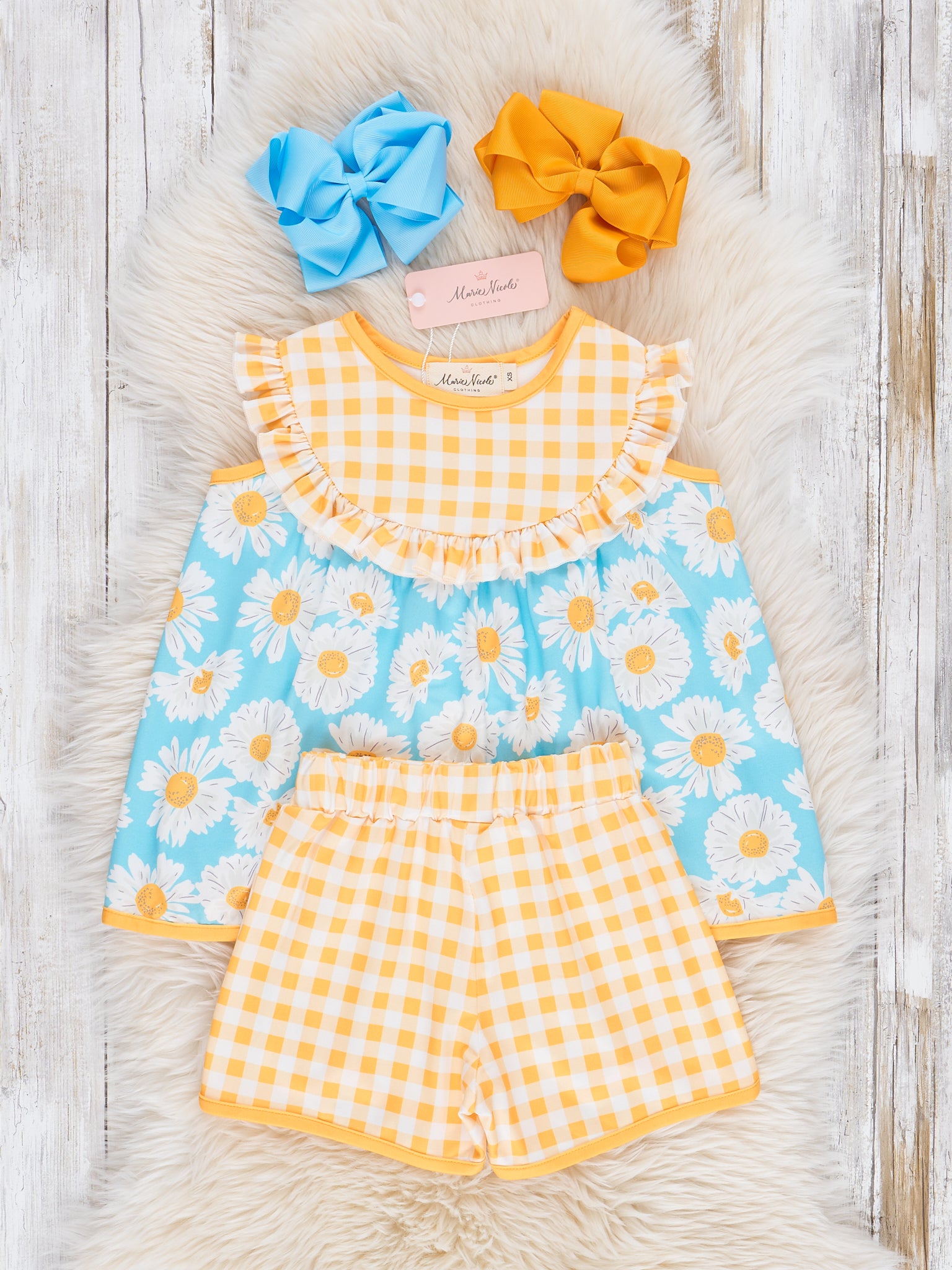 Yellow Gingham Floral Ruffle Outfit - Marie Nicole Clothing