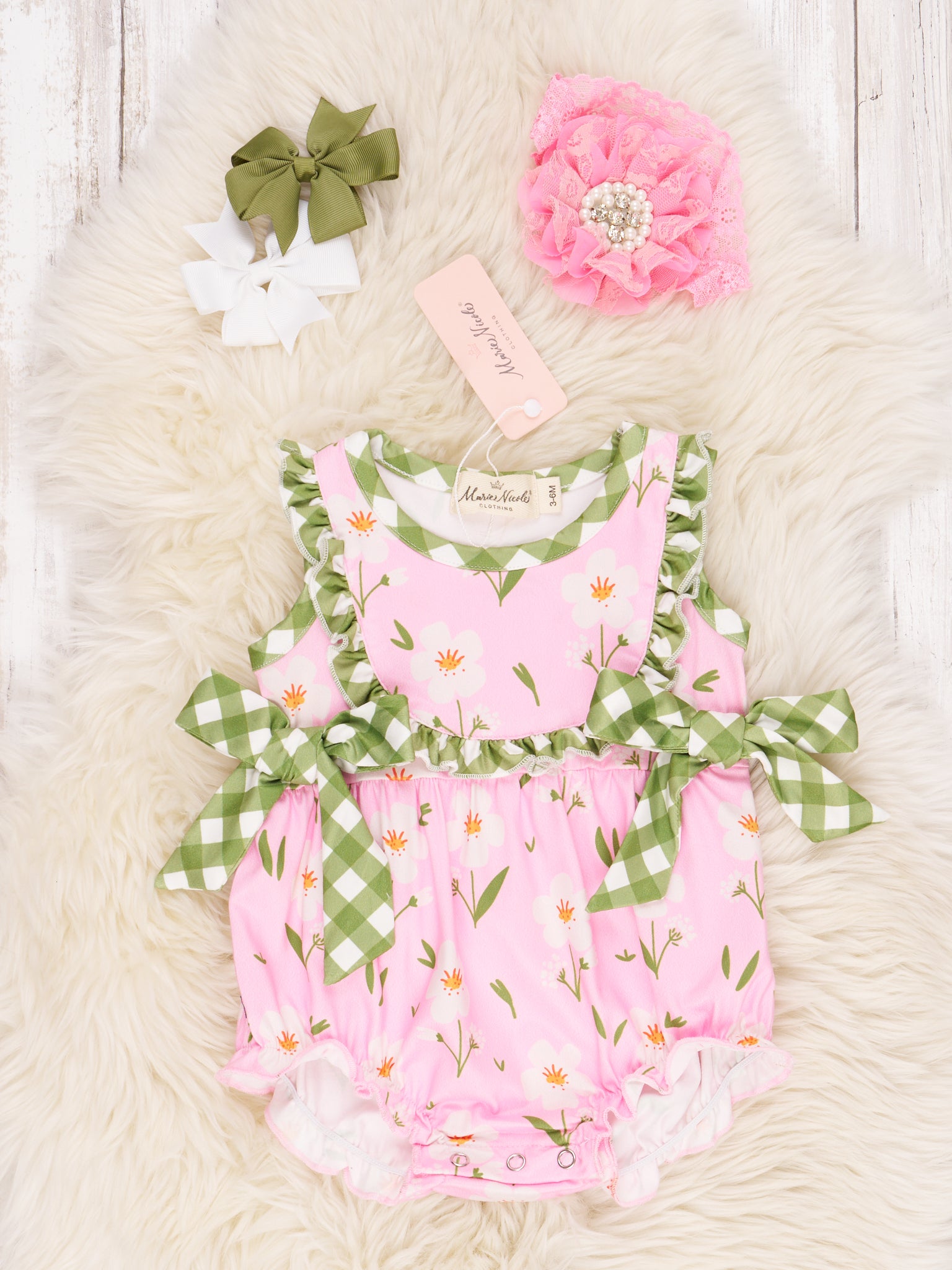Light Pink Floral Gingham Ruffle Romper - Marie Nicole Clothing