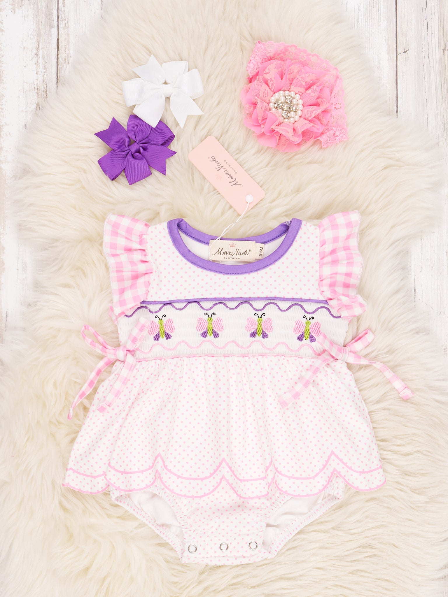 Smocked Butterfly Polka Dot Ruffle Romper - Marie Nicole Clothing