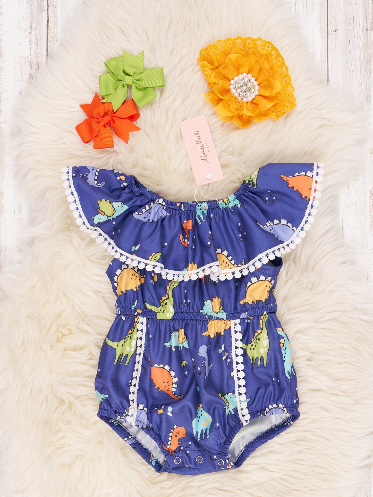 Dark Blue Dinosaur Ruffle Romper - Marie Nicole Clothing