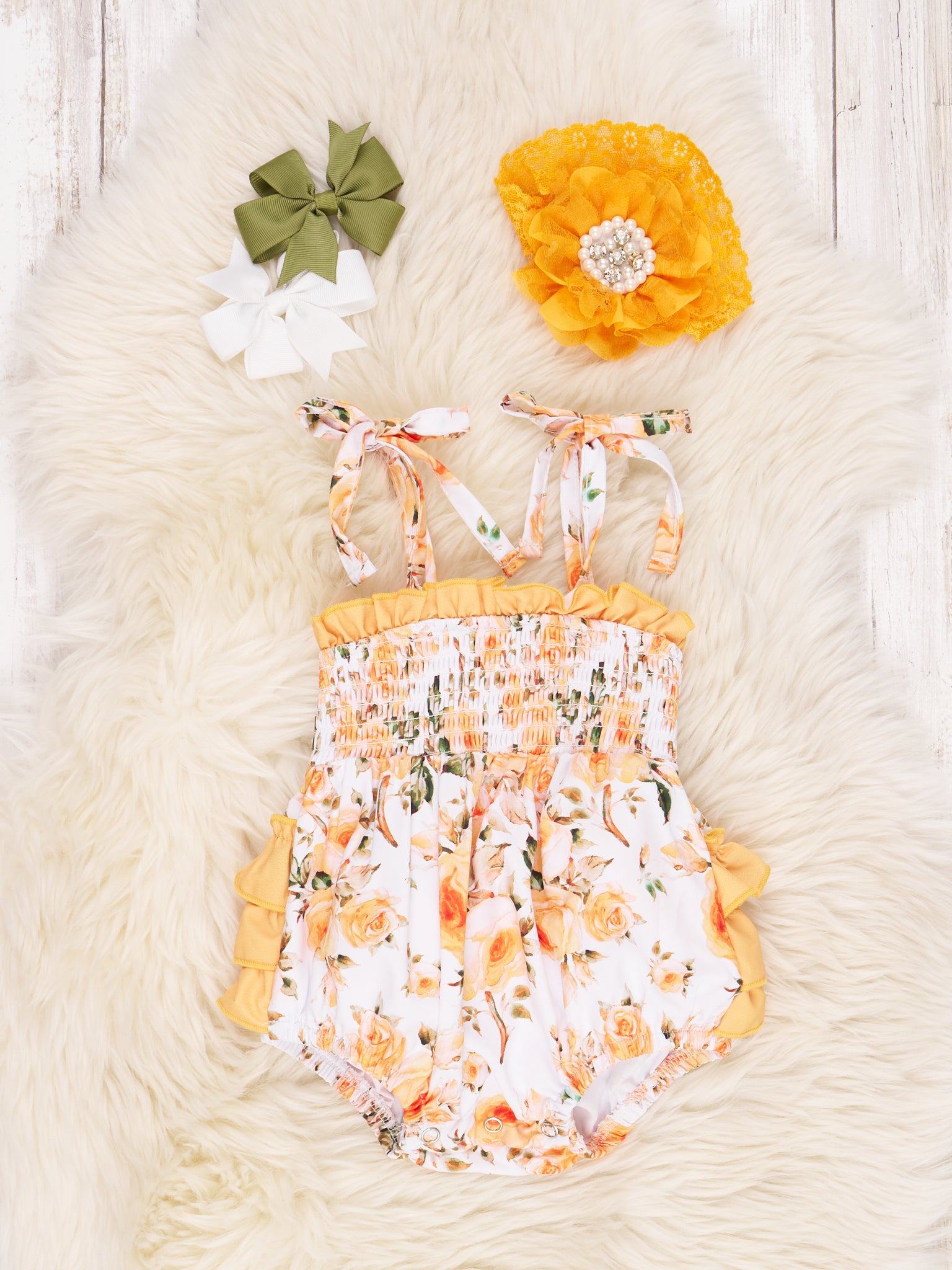Orange Smocked Floral Tie Ruffle Romper - Marie Nicole Clothing