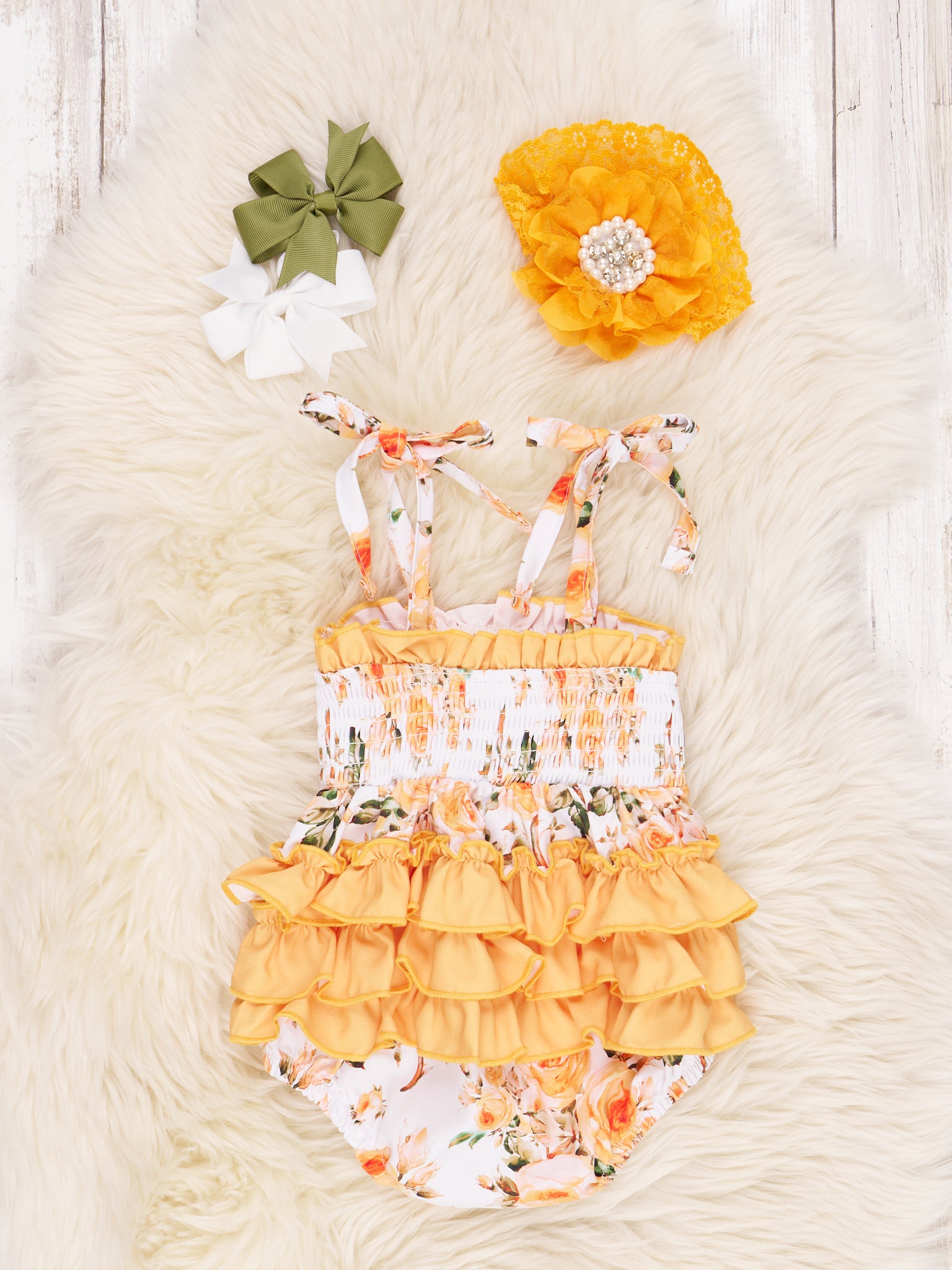 Orange Smocked Floral Tie Ruffle Romper - Marie Nicole Clothing