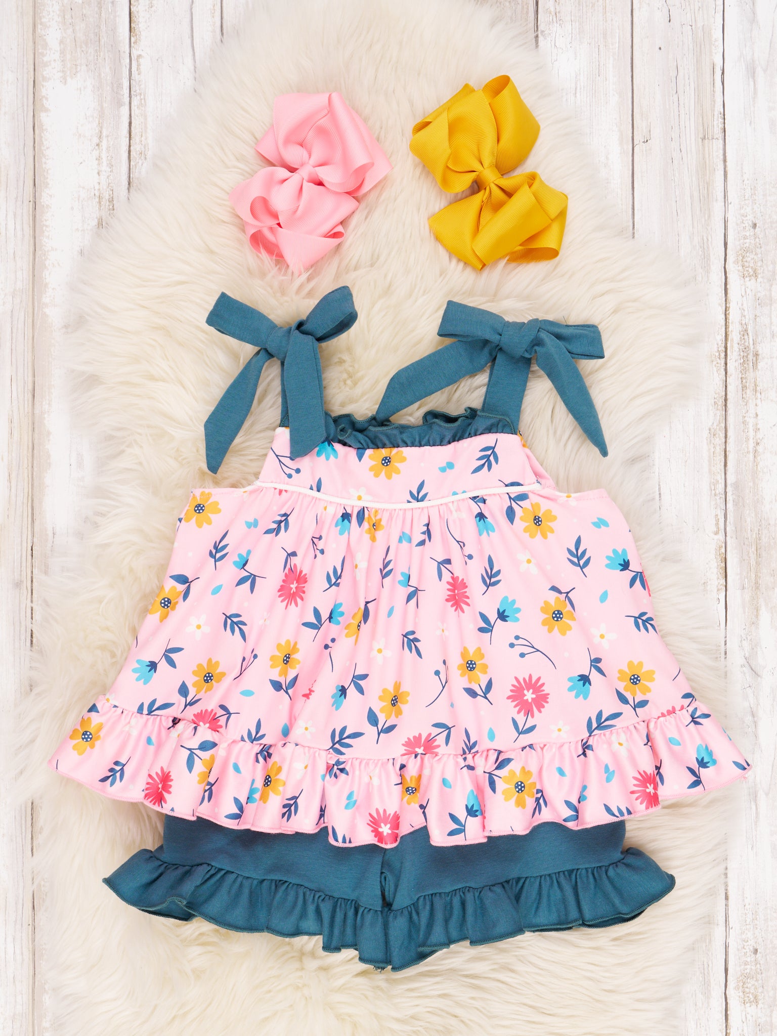 Floral Tank Bow Ruffle Outfit - Marie Nicole Clothing