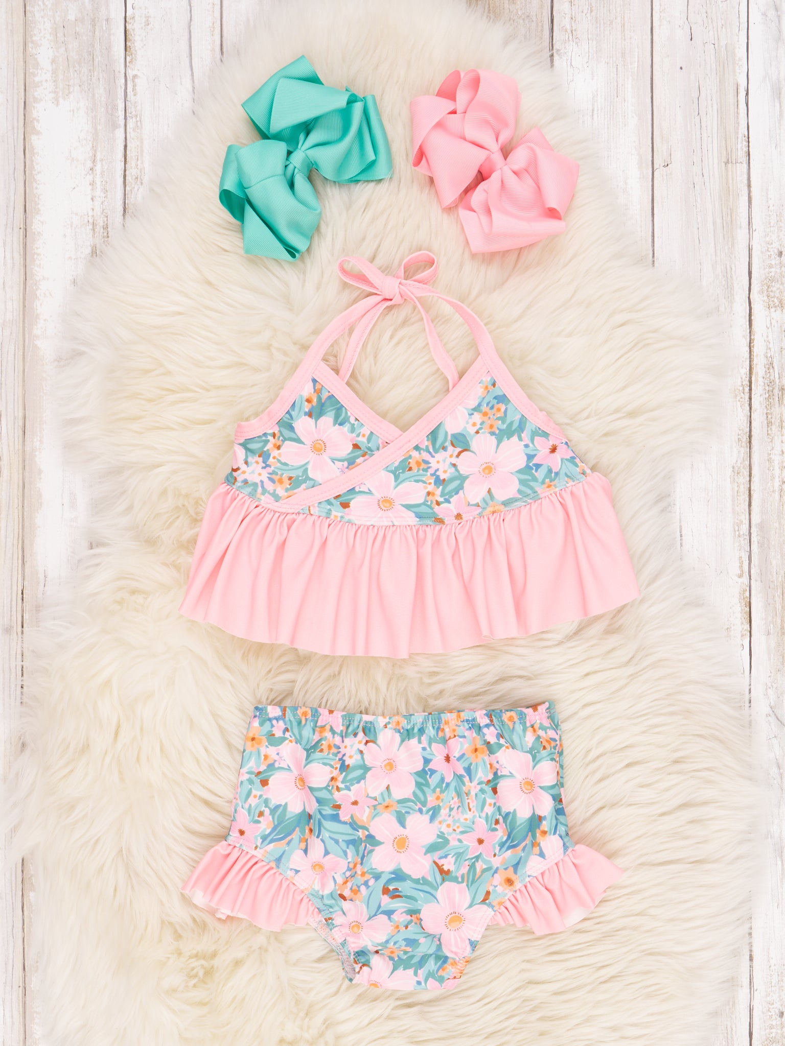 Pink Floral Tie Ruffle Swimsuit - Marie Nicole Clothing