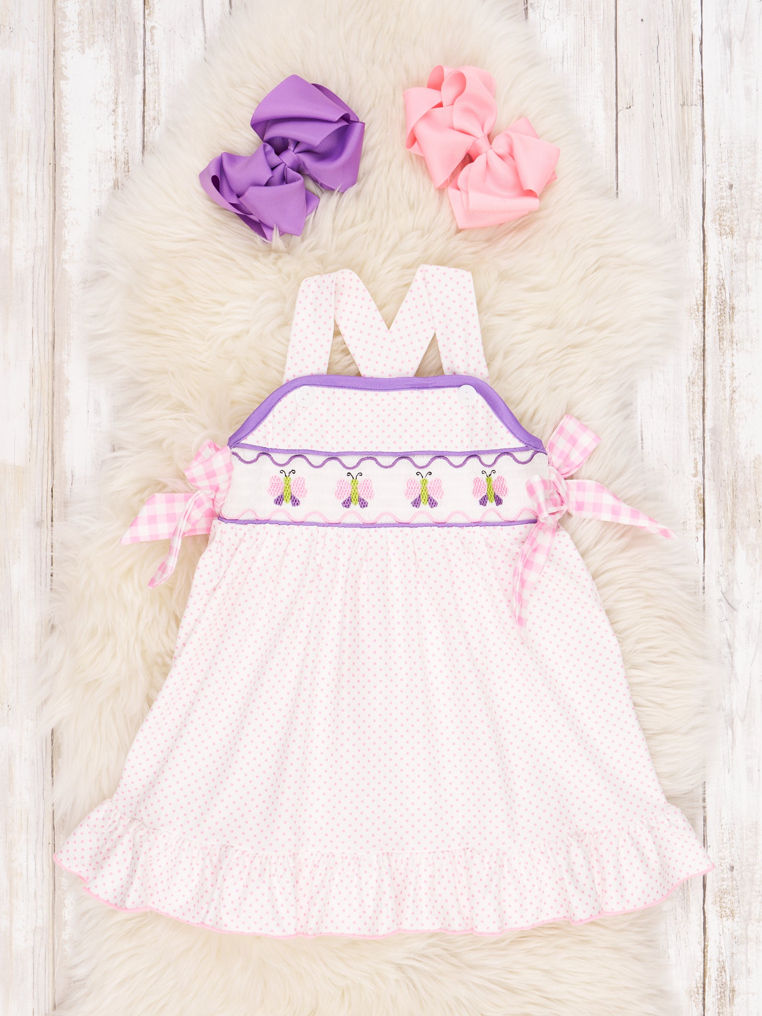 Smocked Butterfly Polka Dot Ruffle Dress - Marie Nicole Clothing
