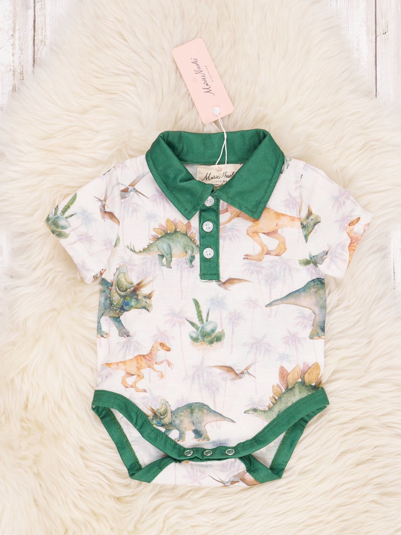 Green Dinosaur Polo Romper - Marie Nicole Clothing