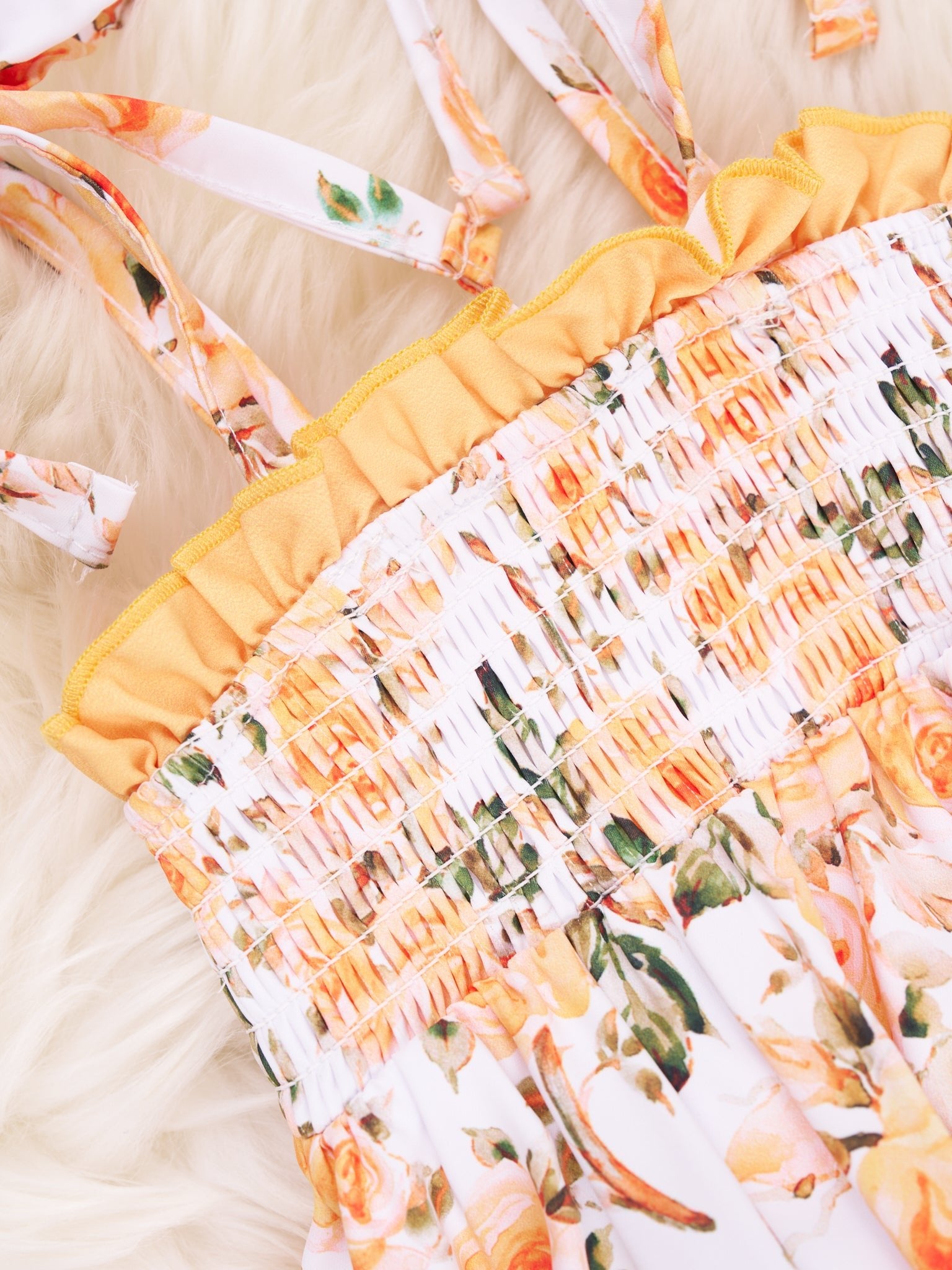 Orange Smocked Floral Tie Ruffle Romper - Marie Nicole Clothing