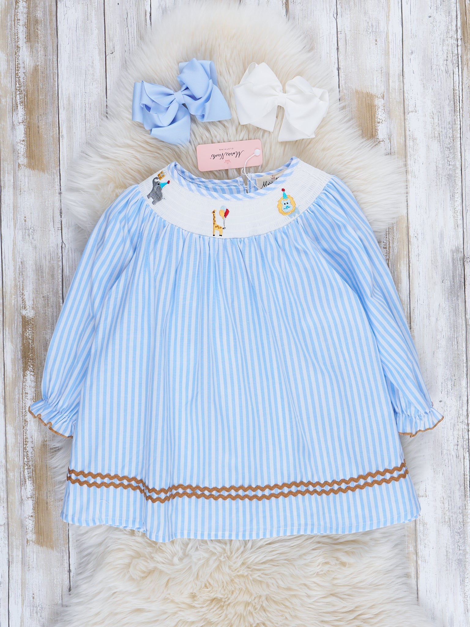 Blue Stripe Smocked Circus Friends Dress - Marie Nicole Clothing