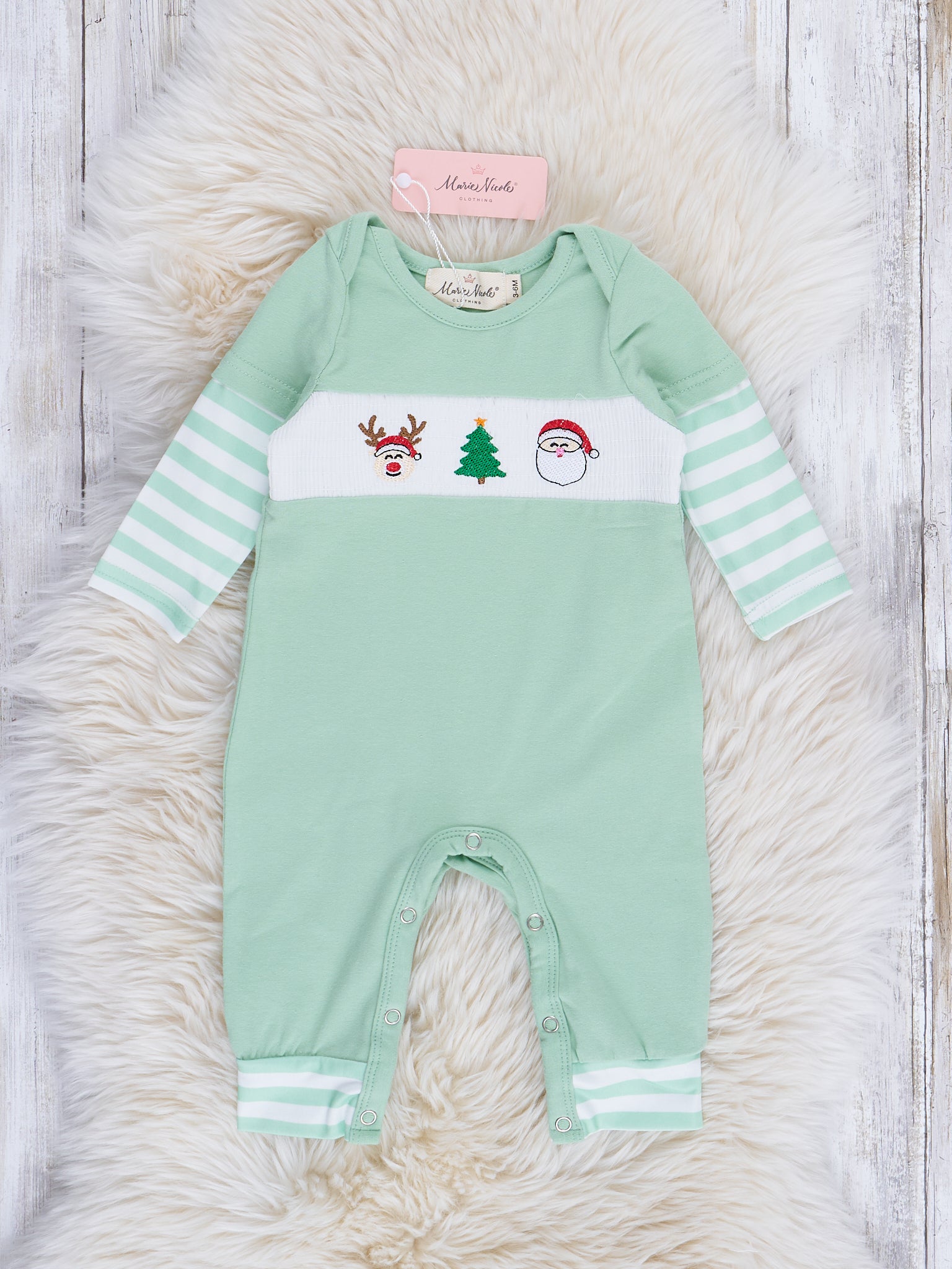 Green Stripe Season's Greetings Smocked Romper - Marie Nicole Clothing