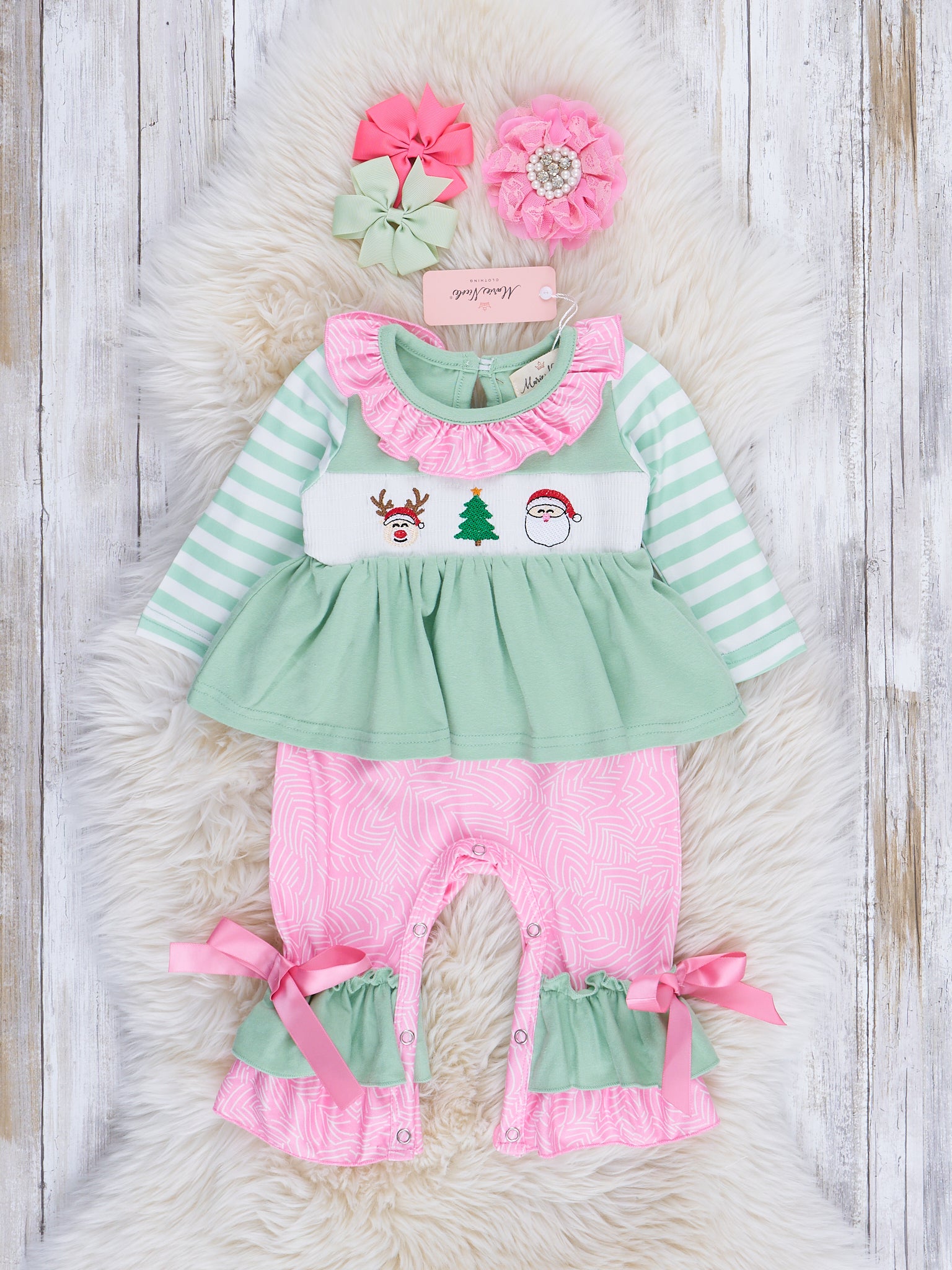 Green Stripe Season's Greetings Smocked Ruffle Romper - Marie Nicole Clothing