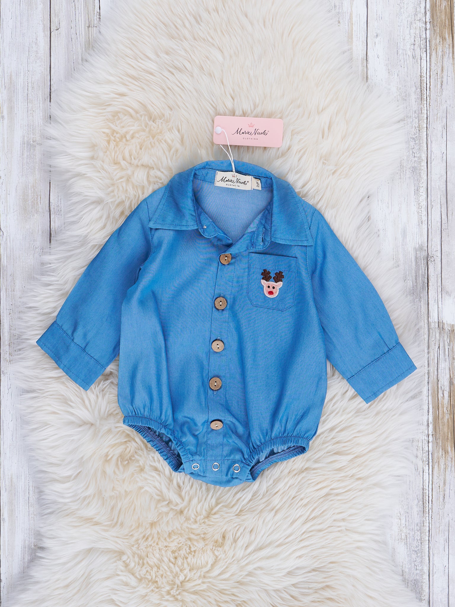 Chambray Embroidered Reindeer Pocket Romper - Marie Nicole Clothing
