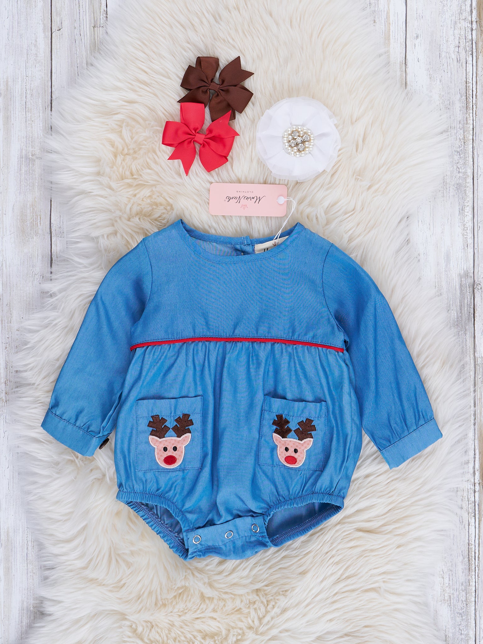 Chambray Embroidered Reindeer Bubble Romper - Marie Nicole Clothing