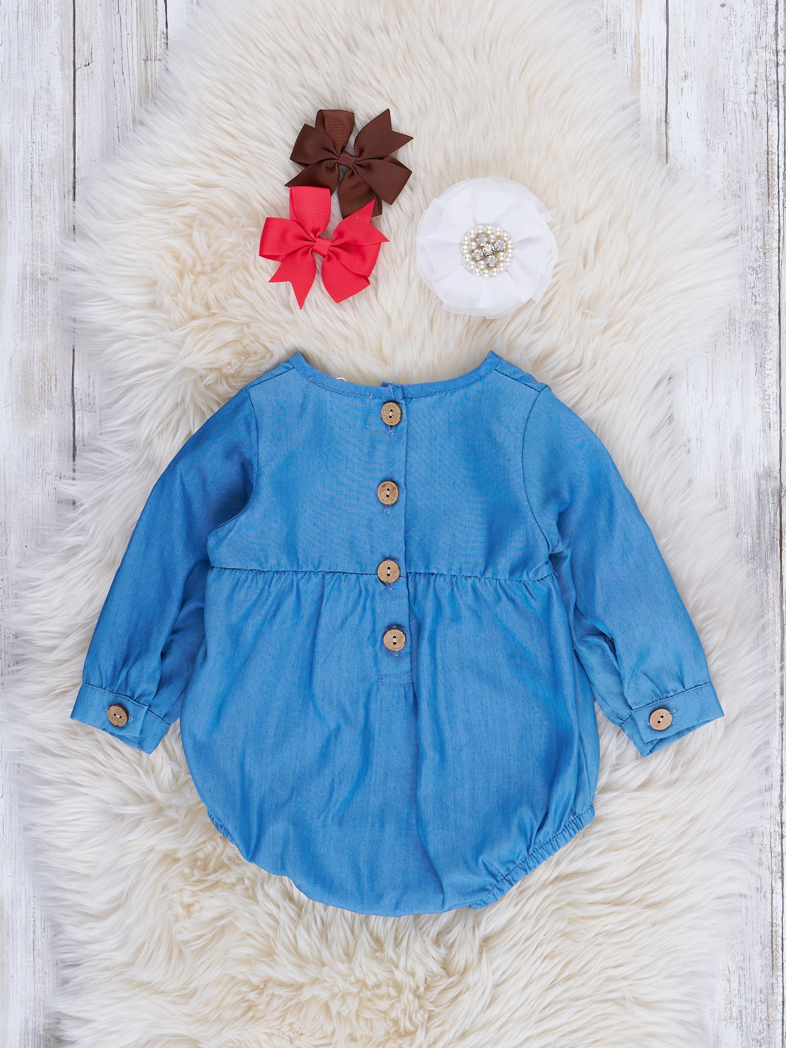 Chambray Embroidered Reindeer Bubble Romper - Marie Nicole Clothing
