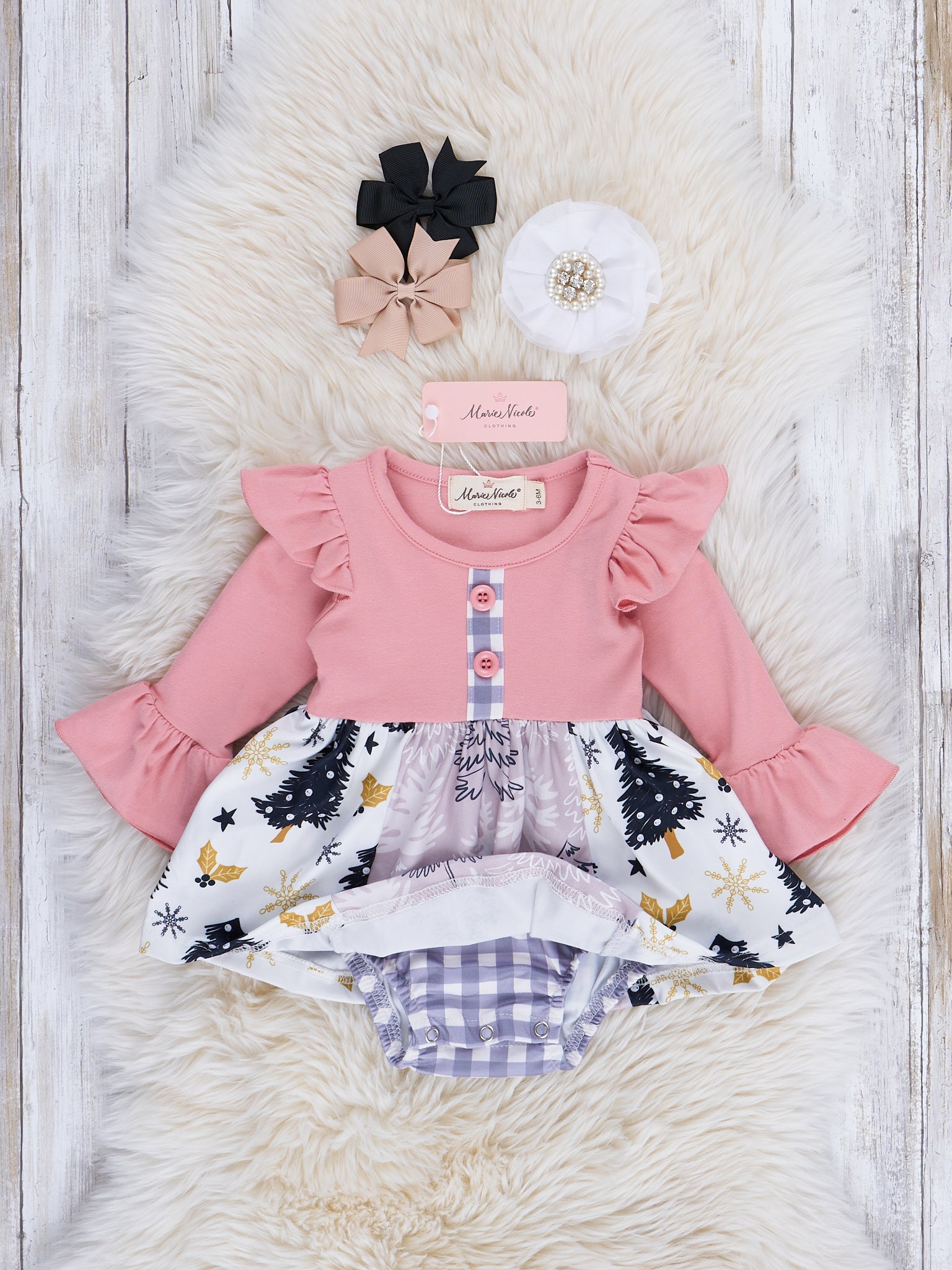 Pink & Purple Gingham Christmas Ruffle Romper - Marie Nicole Clothing