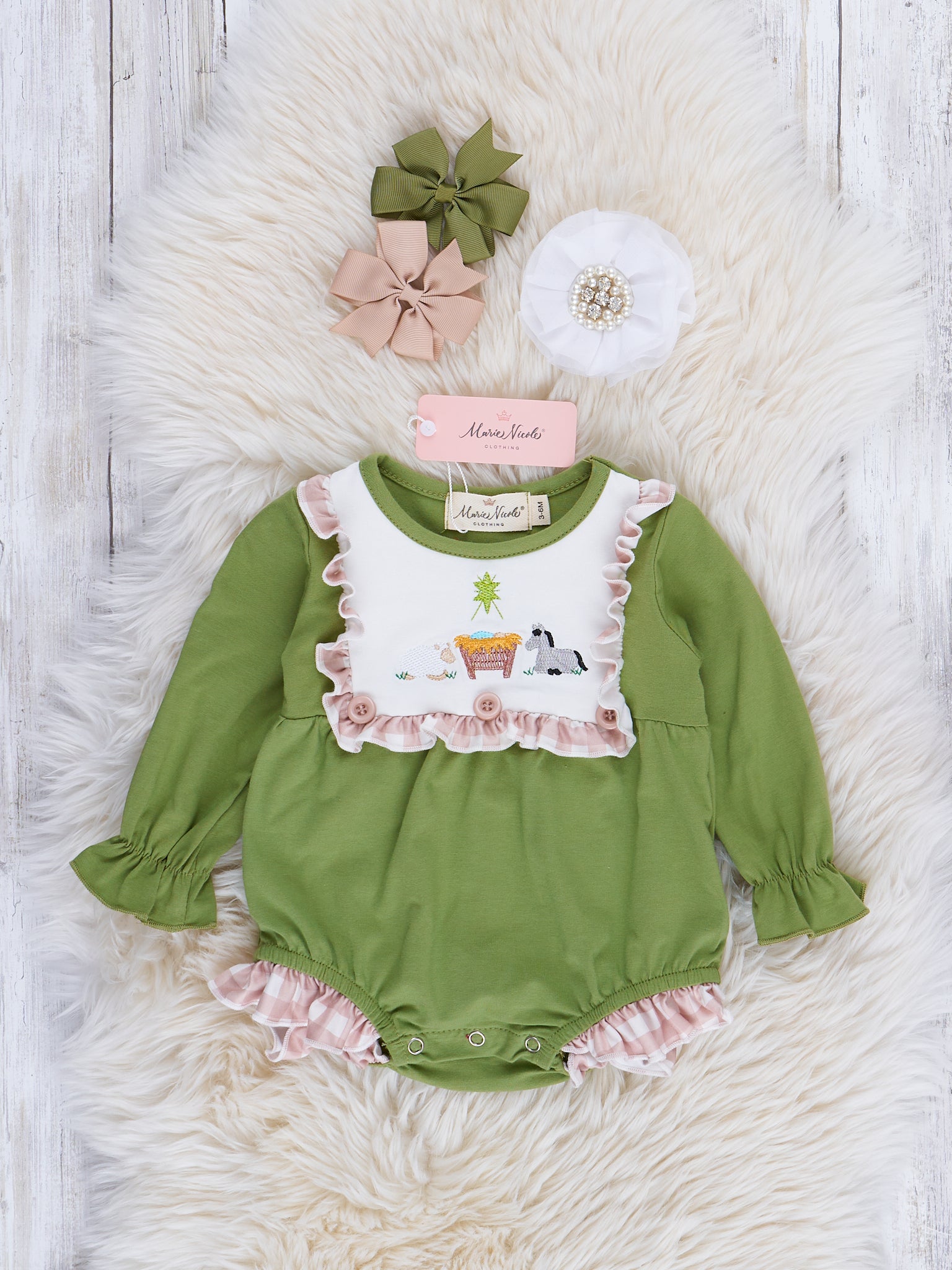 Gingham Embroidered Nativity Ruffle Romper - Marie Nicole Clothing