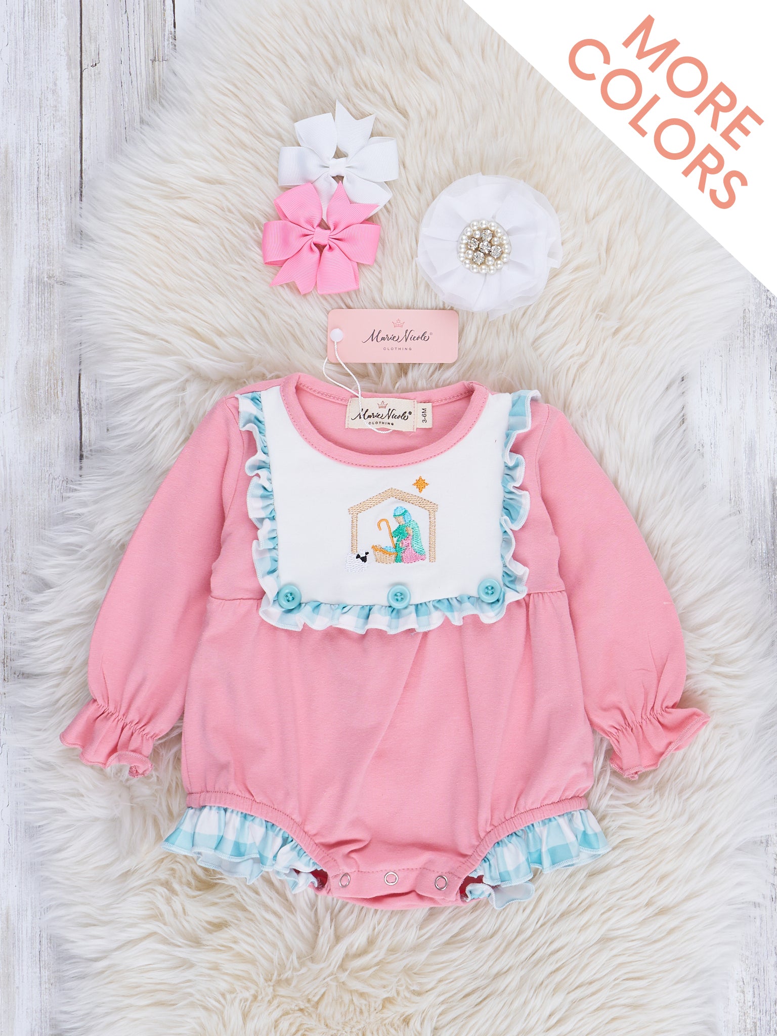 Gingham Embroidered Nativity Ruffle Romper - Marie Nicole Clothing