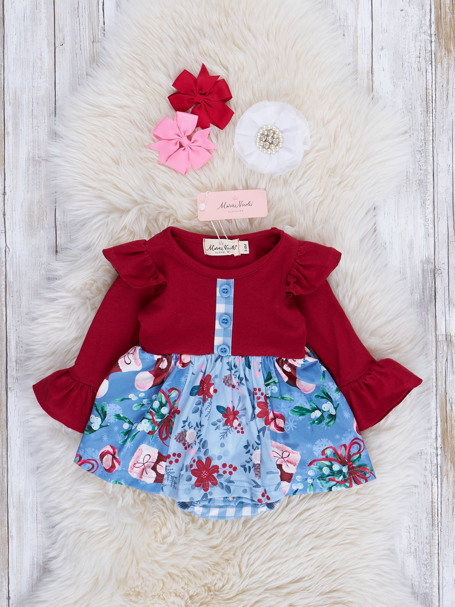 Crimson & Light Blue Mixed Print Ruffle Romper - Marie Nicole Clothing