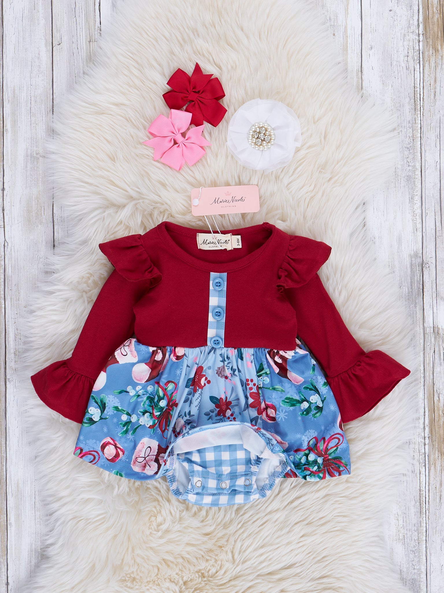Crimson & Light Blue Mixed Print Ruffle Romper - Marie Nicole Clothing
