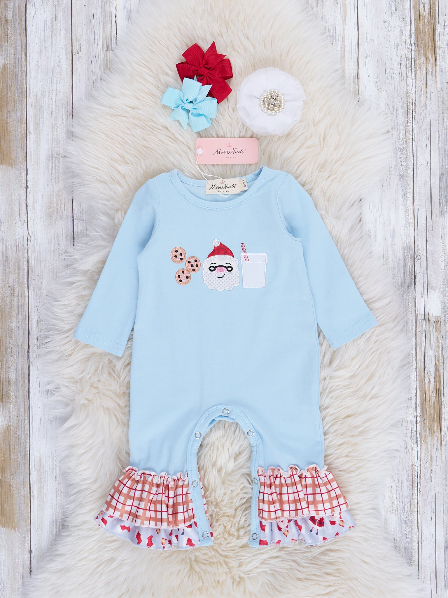 Light Blue & Red Santa Snacks Ruffle Romper - Marie Nicole Clothing