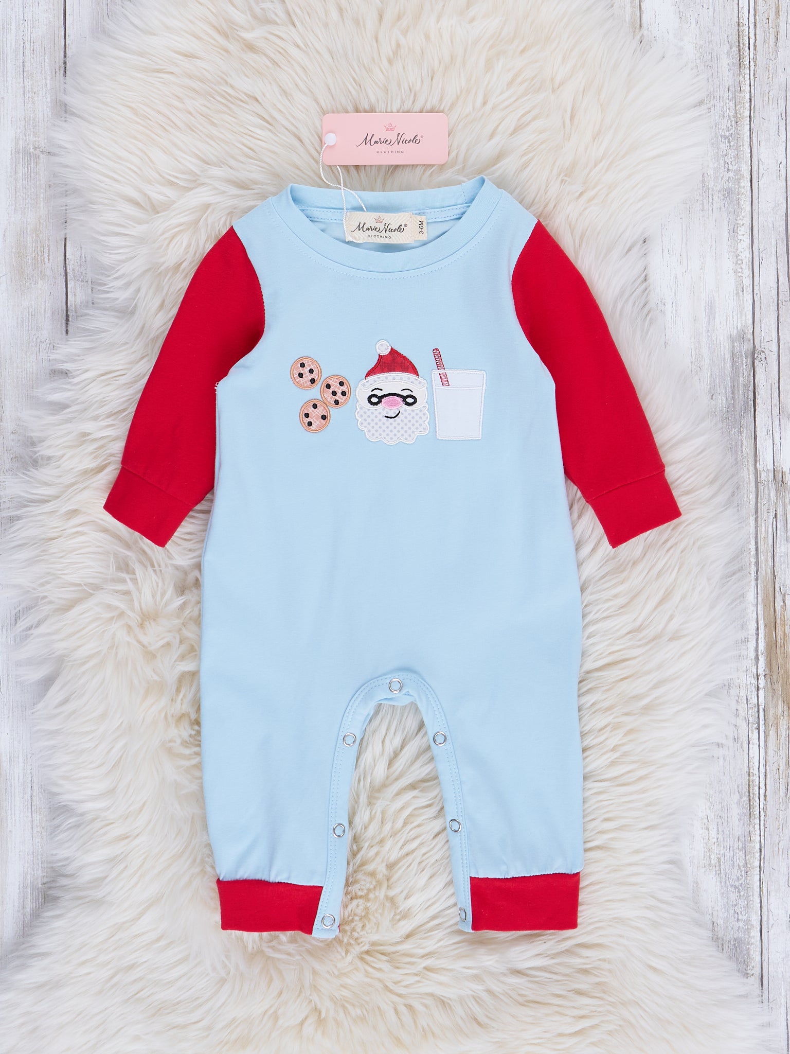 Light Blue & Red Santa Snacks Raglan Romper - Marie Nicole Clothing