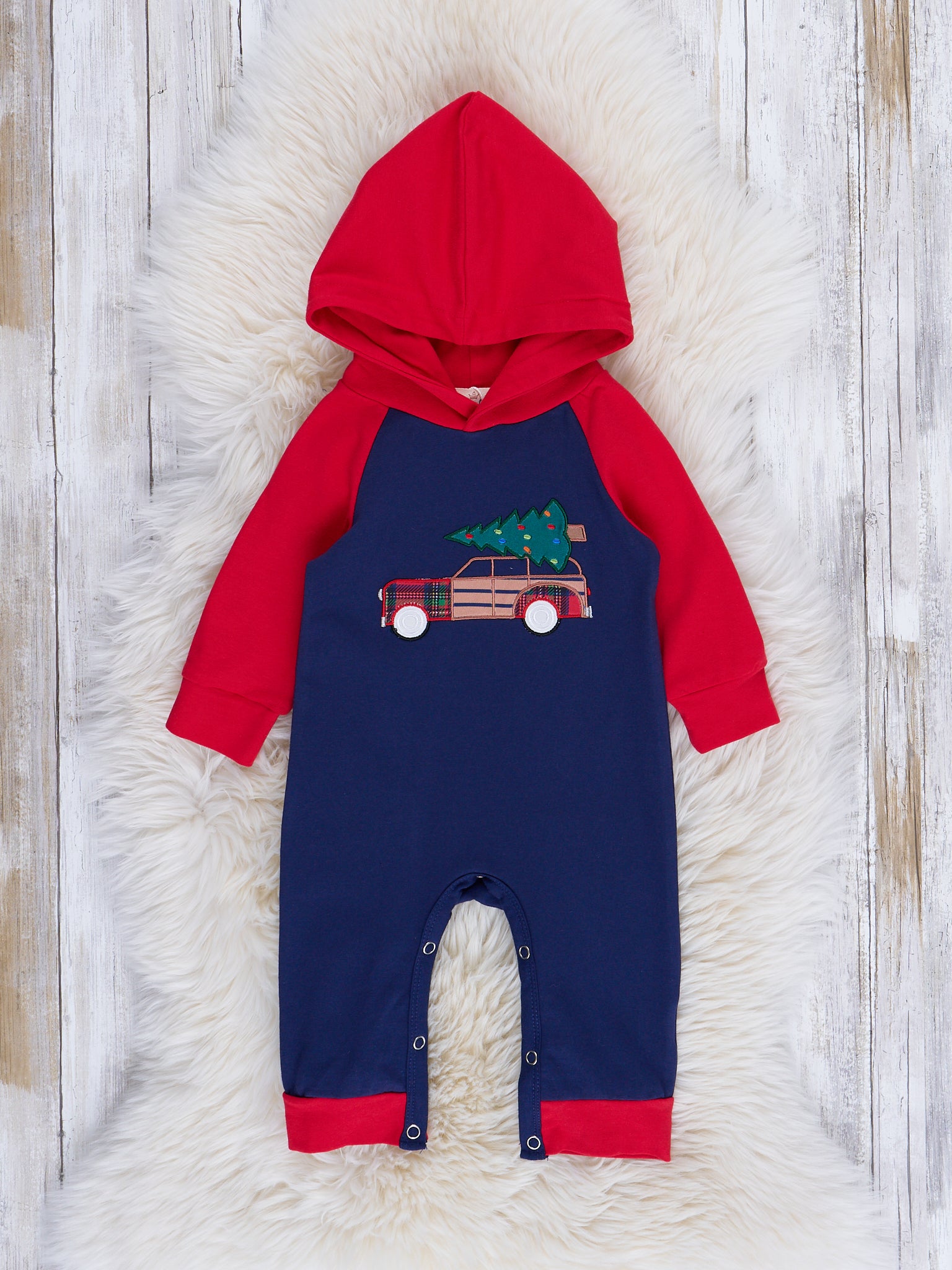 Red Embroidered Tree & Car Raglan Hooded Romper - Marie Nicole Clothing