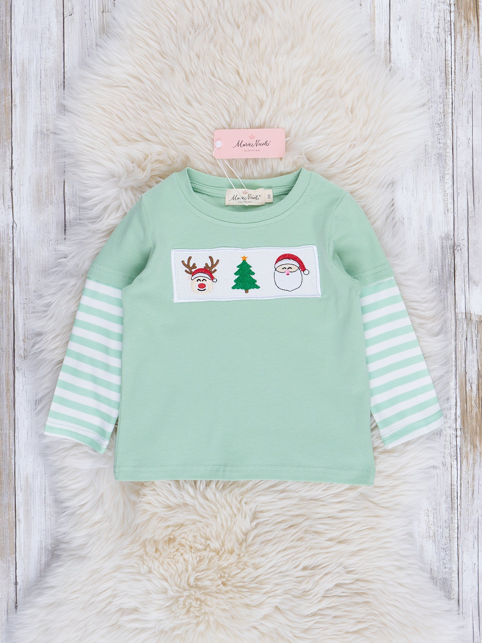 Green Stripe Season's Greetings Smocked Shirt - Marie Nicole Clothing