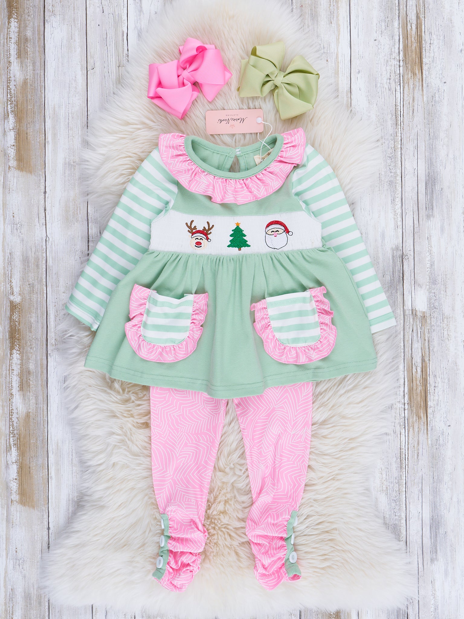 Green Stripe Season's Greetings Smocked Outfit - Marie Nicole Clothing