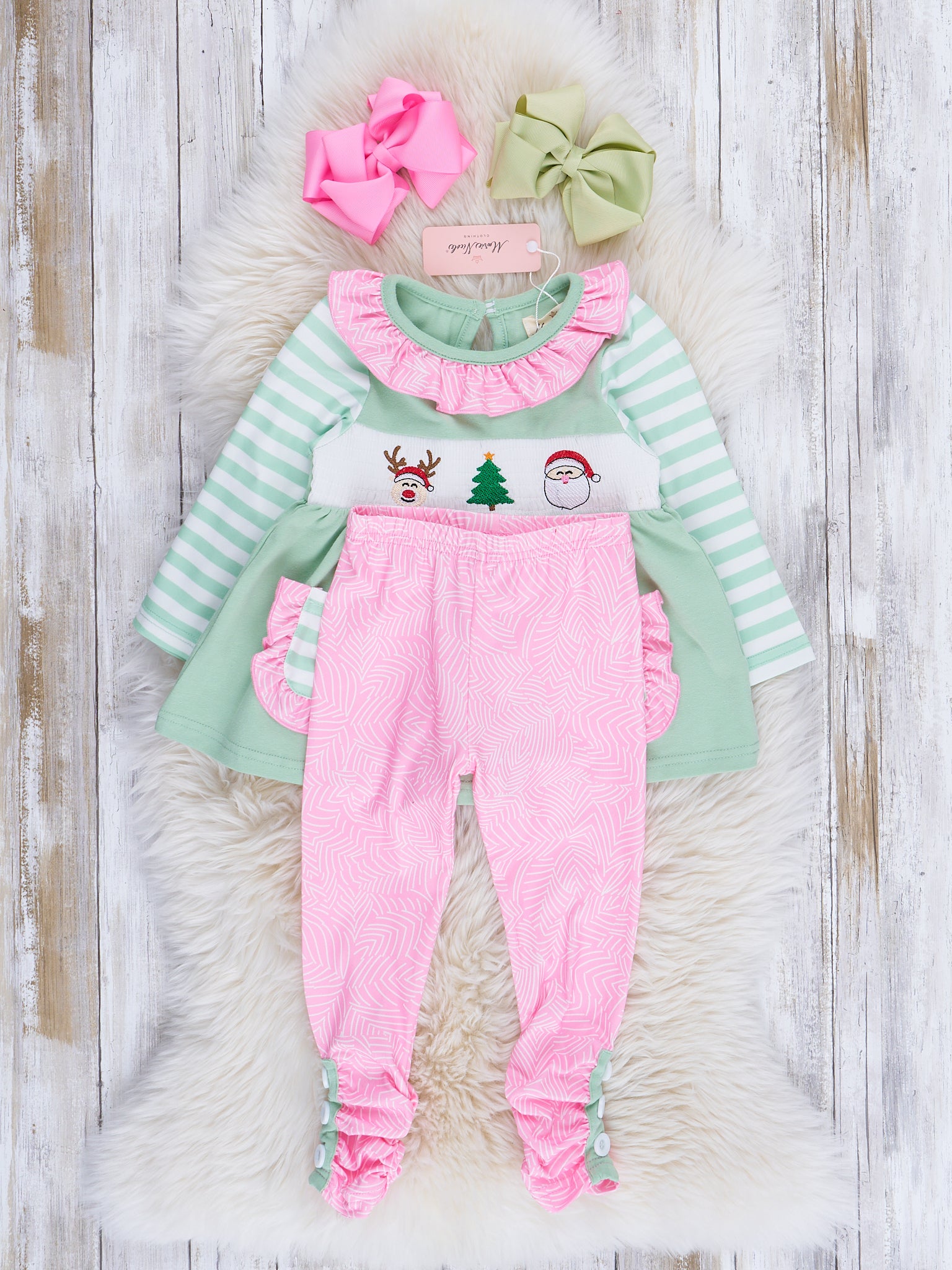 Green Stripe Season's Greetings Smocked Outfit - Marie Nicole Clothing