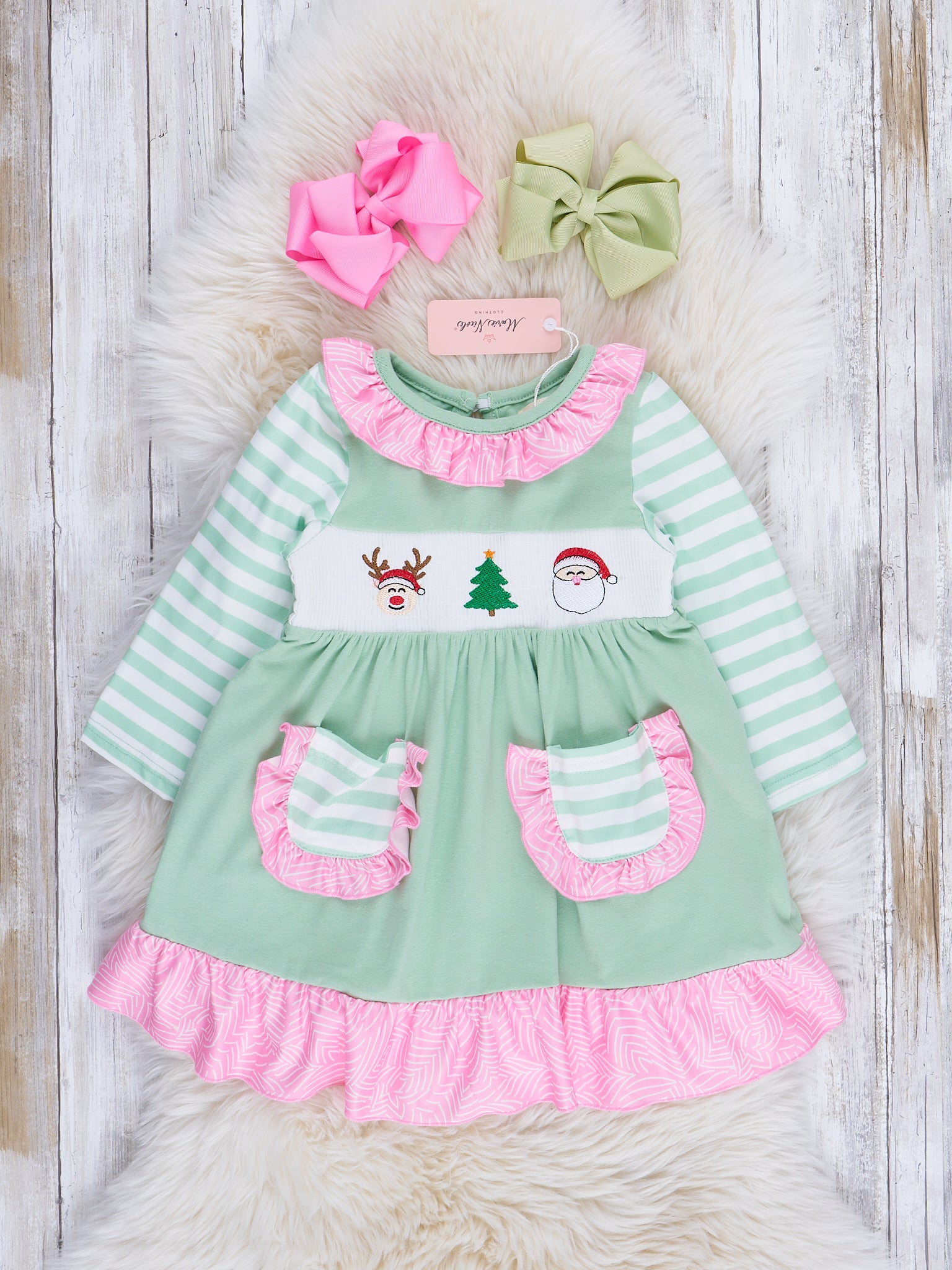 Green Stripe Season's Greetings Smocked Dress - Marie Nicole Clothing