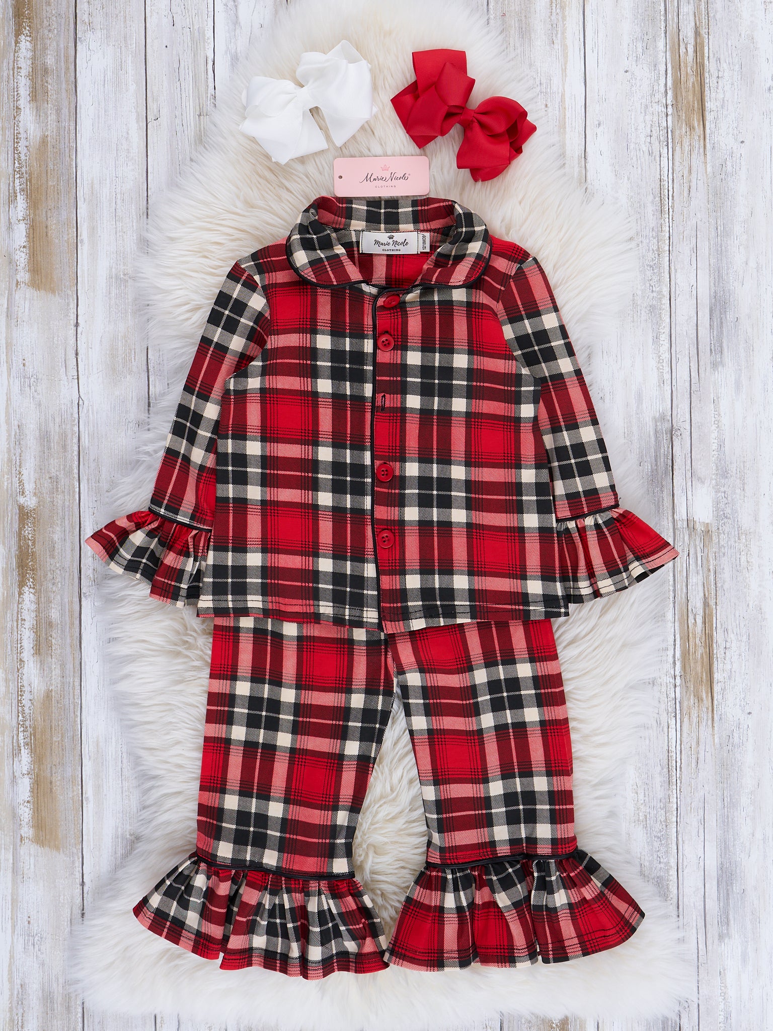 Christmas Plaid Ruffle Button Pajamas - Marie Nicole Clothing