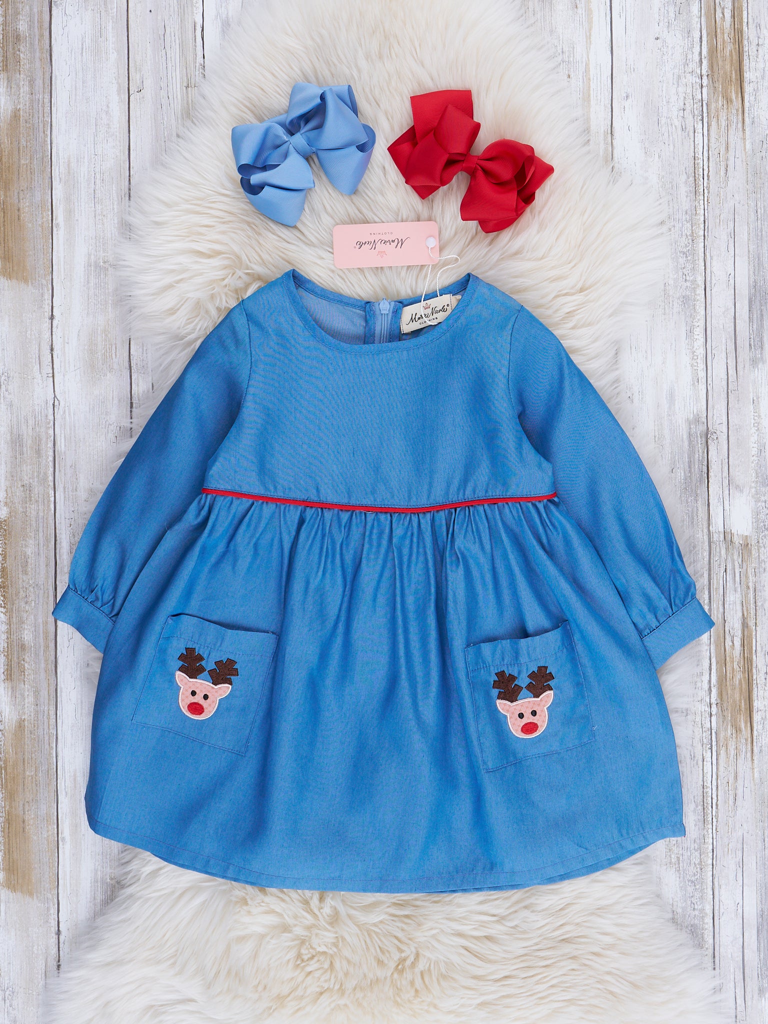 Chambray Embroidered Reindeer Dress - Marie Nicole Clothing