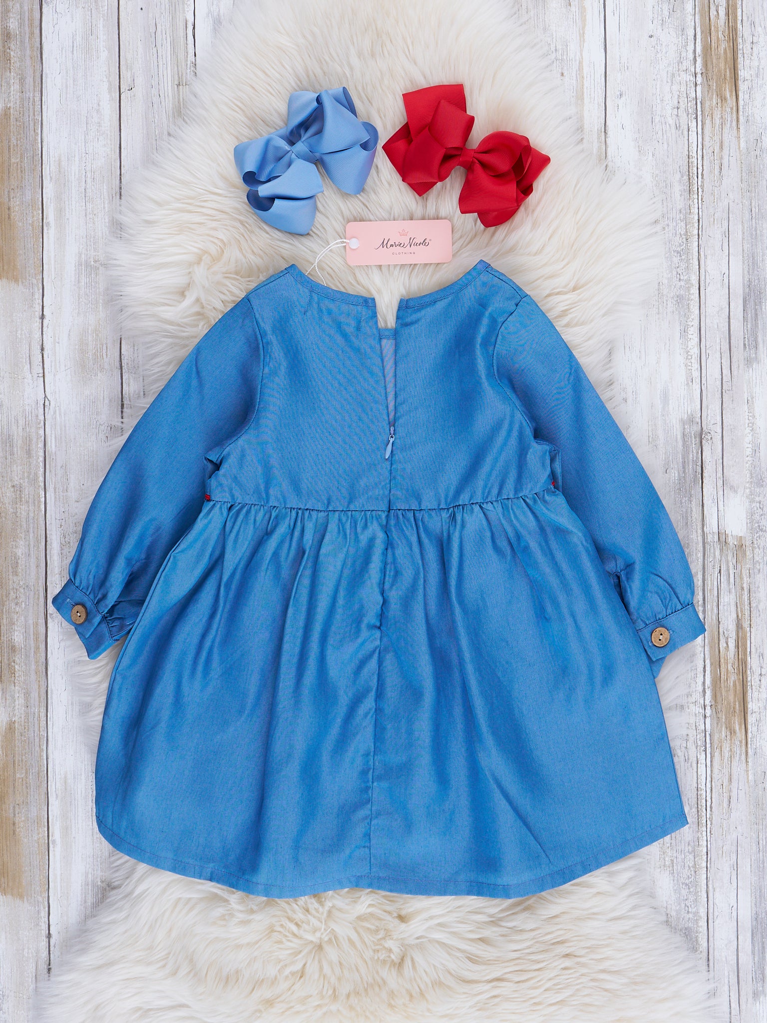 Chambray Embroidered Reindeer Dress - Marie Nicole Clothing