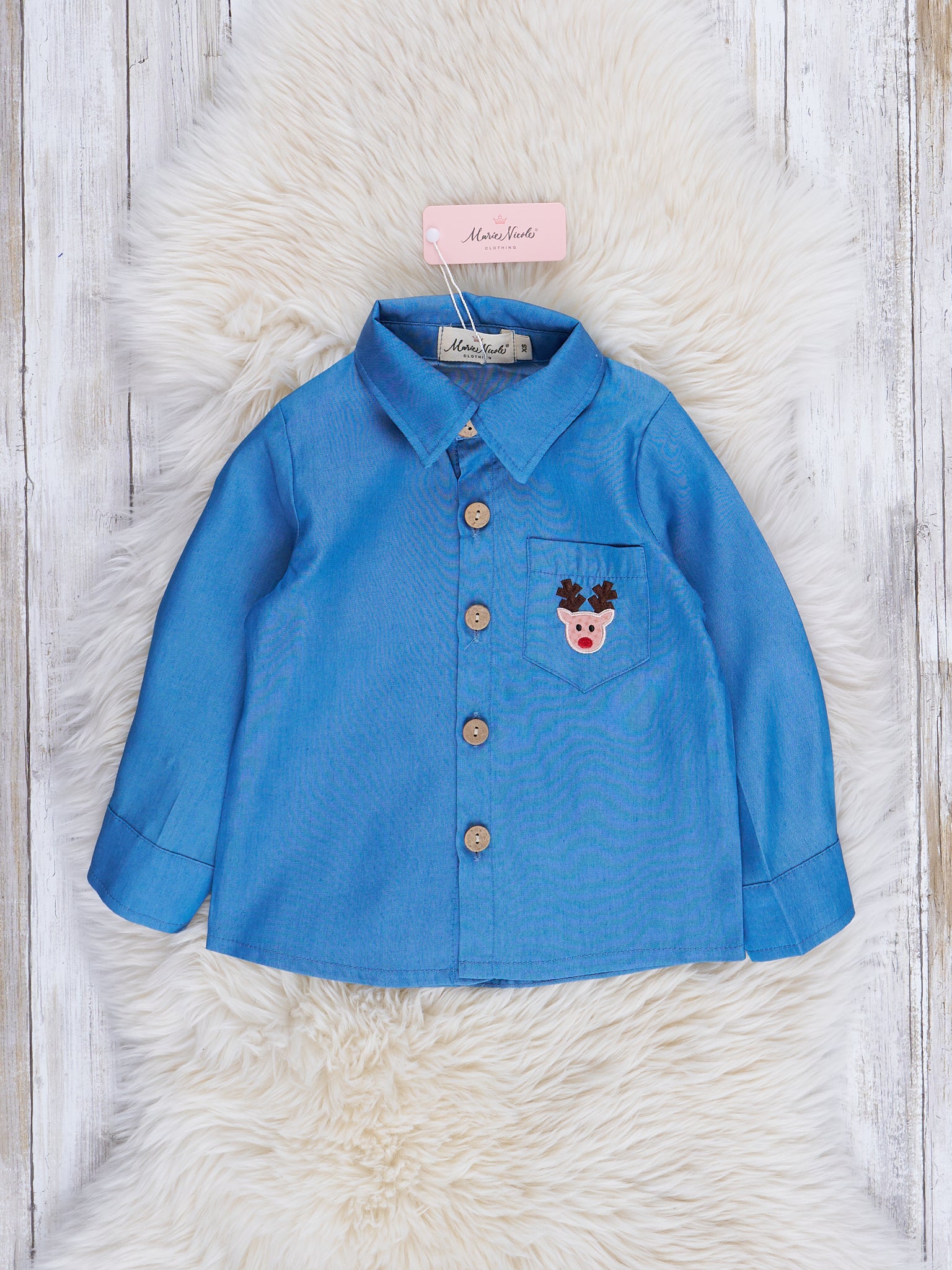 Chambray Embroidered Reindeer Pocket Shirt - Marie Nicole Clothing
