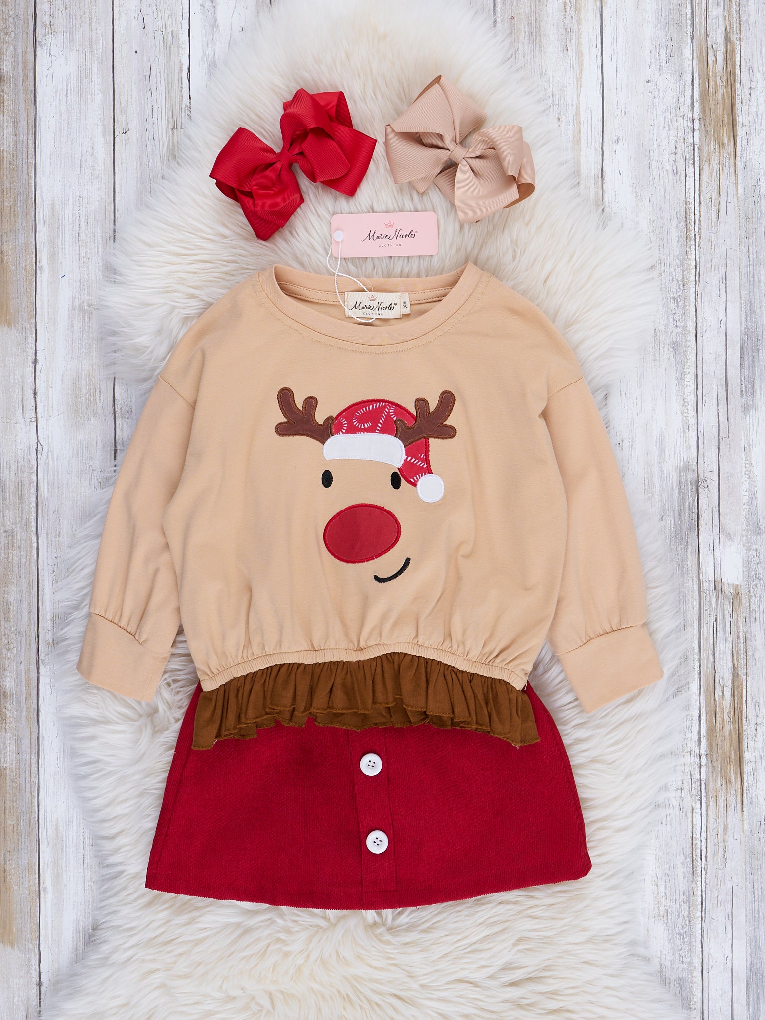 Tan & Red Friendly Reindeer Ruffle Outfit w/ Skirt - Marie Nicole Clothing