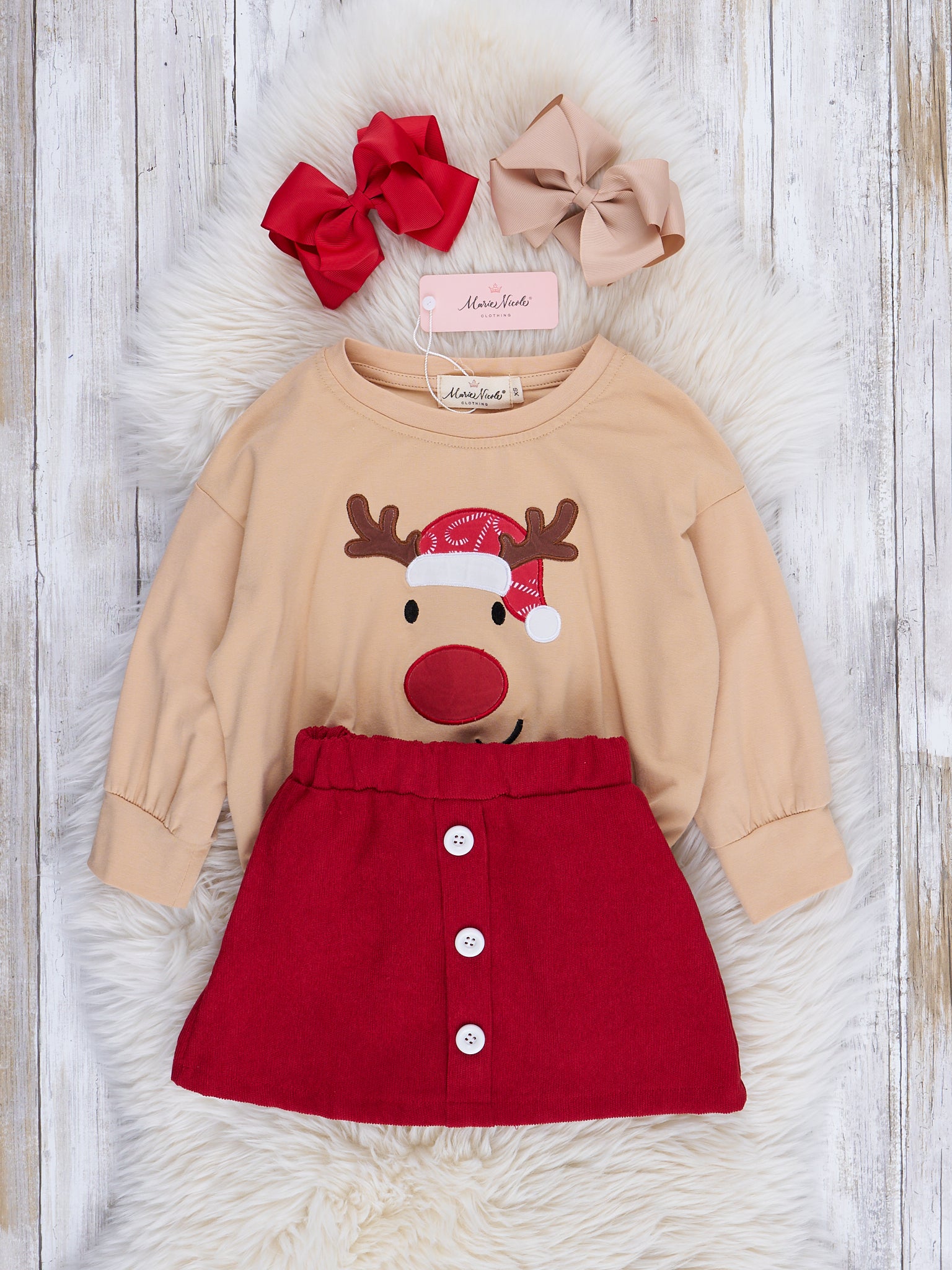Tan & Red Friendly Reindeer Ruffle Outfit w/ Skirt - Marie Nicole Clothing