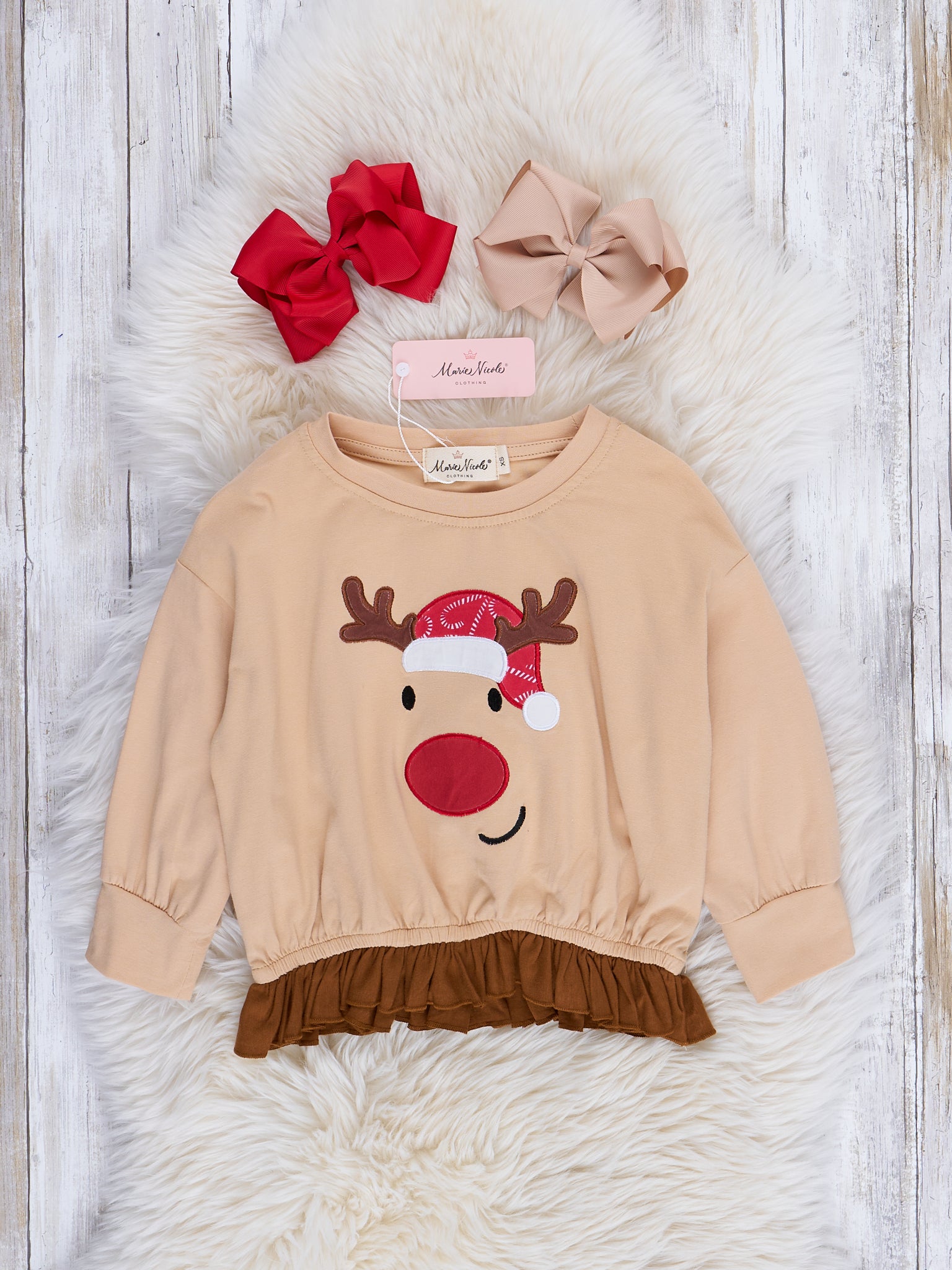 Tan & Red Friendly Reindeer Ruffle Outfit w/ Skirt - Marie Nicole Clothing