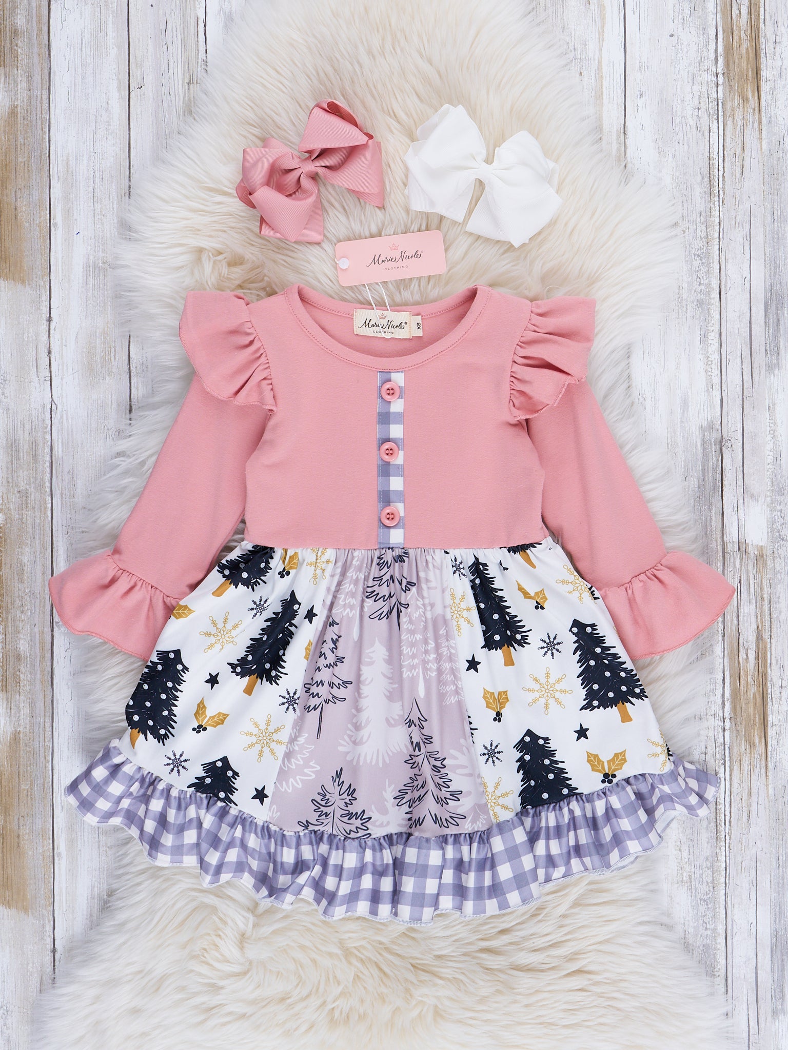 Pink & Purple Gingham Christmas Ruffle Dress - Marie Nicole Clothing