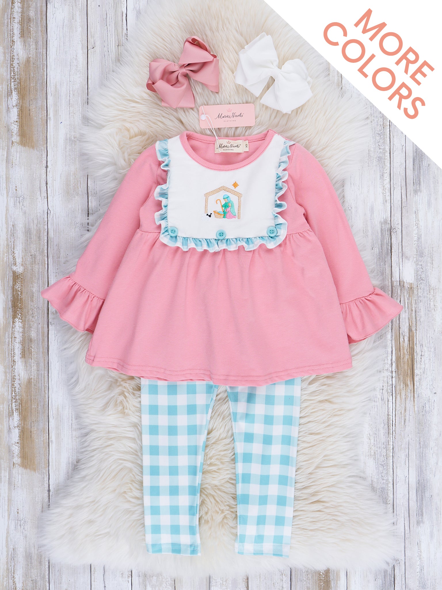 Gingham Embroidered Nativity Ruffle Outfit - Marie Nicole Clothing